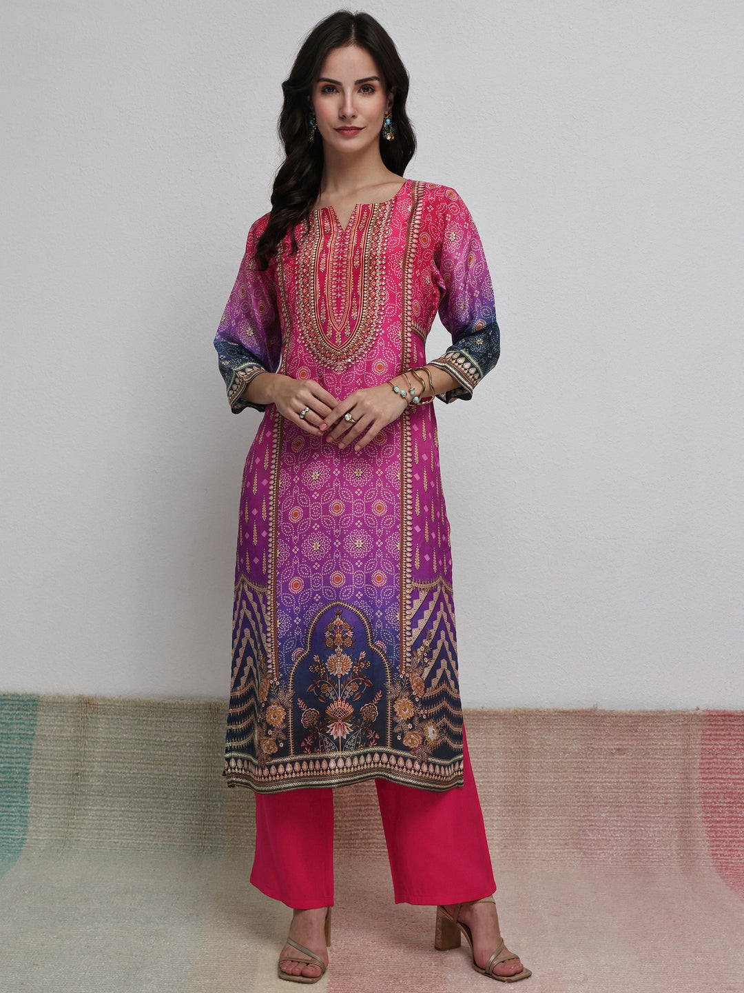  Multi Bandhani Printed Organza Straight Kurta 