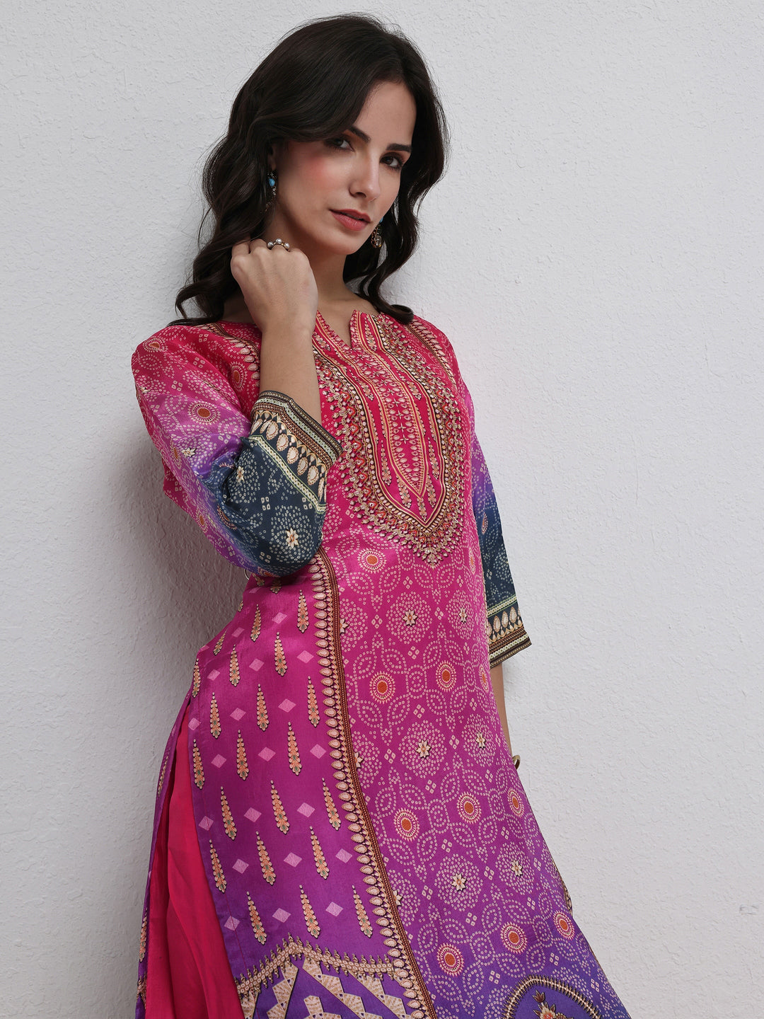  Multi Bandhani Printed Organza Straight Kurta 