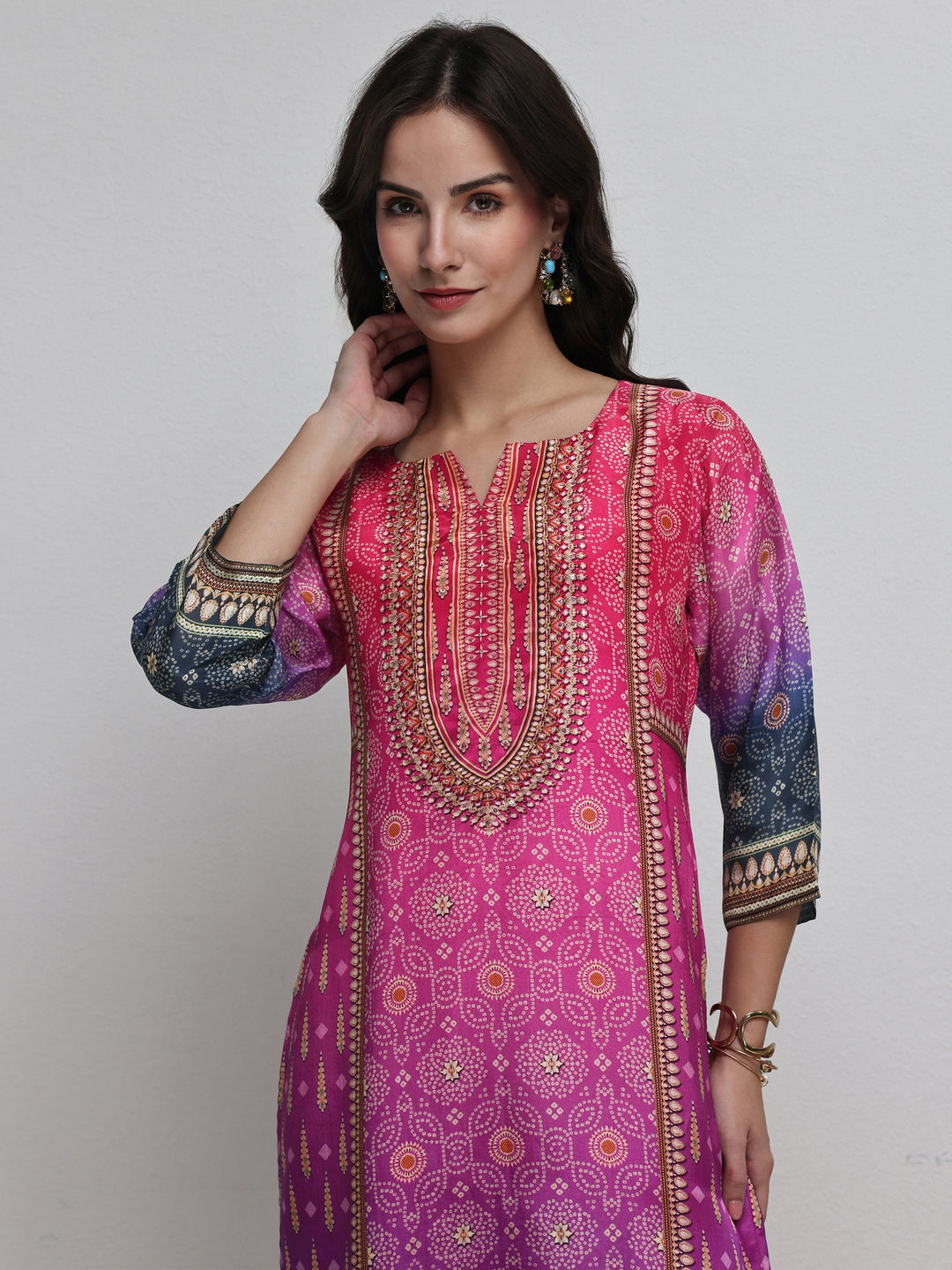  Multi Bandhani Printed Organza Straight Kurta 