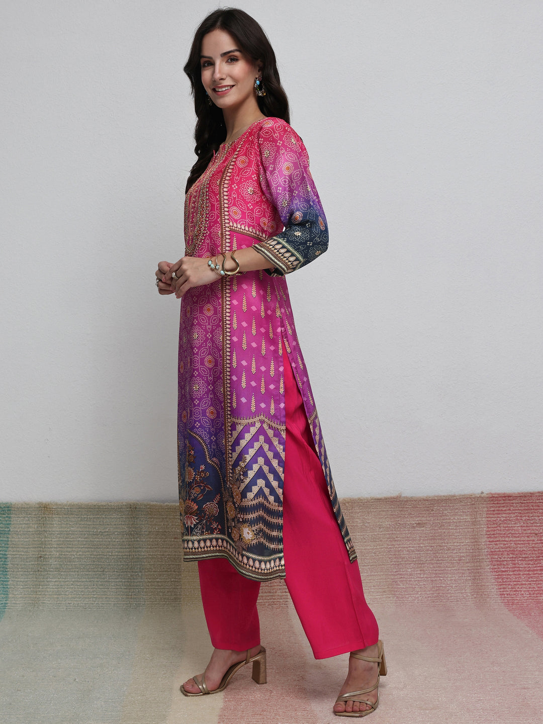  Multi Bandhani Printed Organza Straight Kurta 