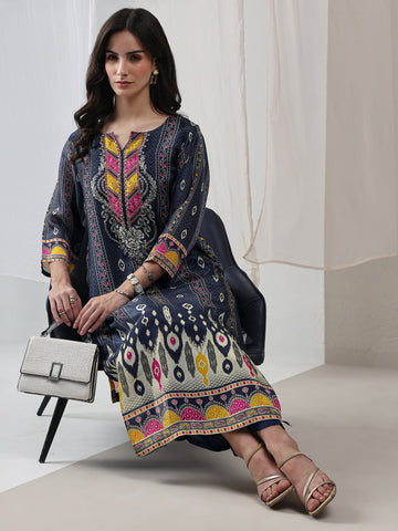 Libas Navy Blue Ethnic Printed Organza Straight Kurta