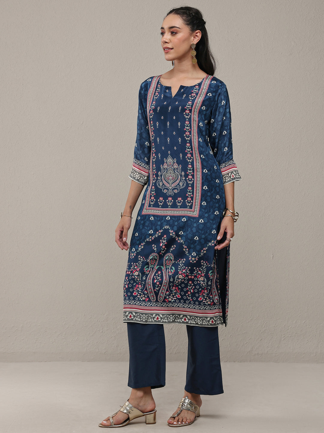  Blue Ethnicprinted Crepe Straight Kurta 