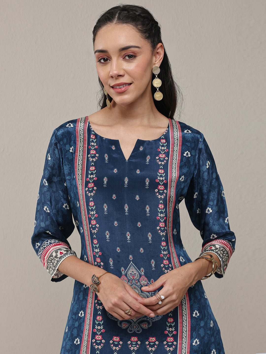  Blue Ethnicprinted Crepe Straight Kurta 