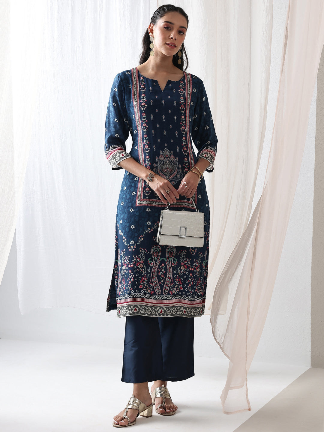  Blue Ethnicprinted Crepe Straight Kurta 