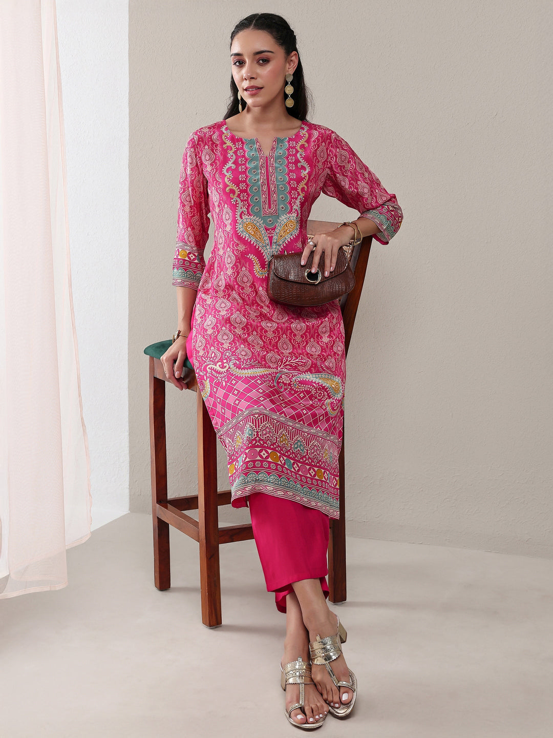  Pink Ethnic Printed Crepe Straight Kurta 