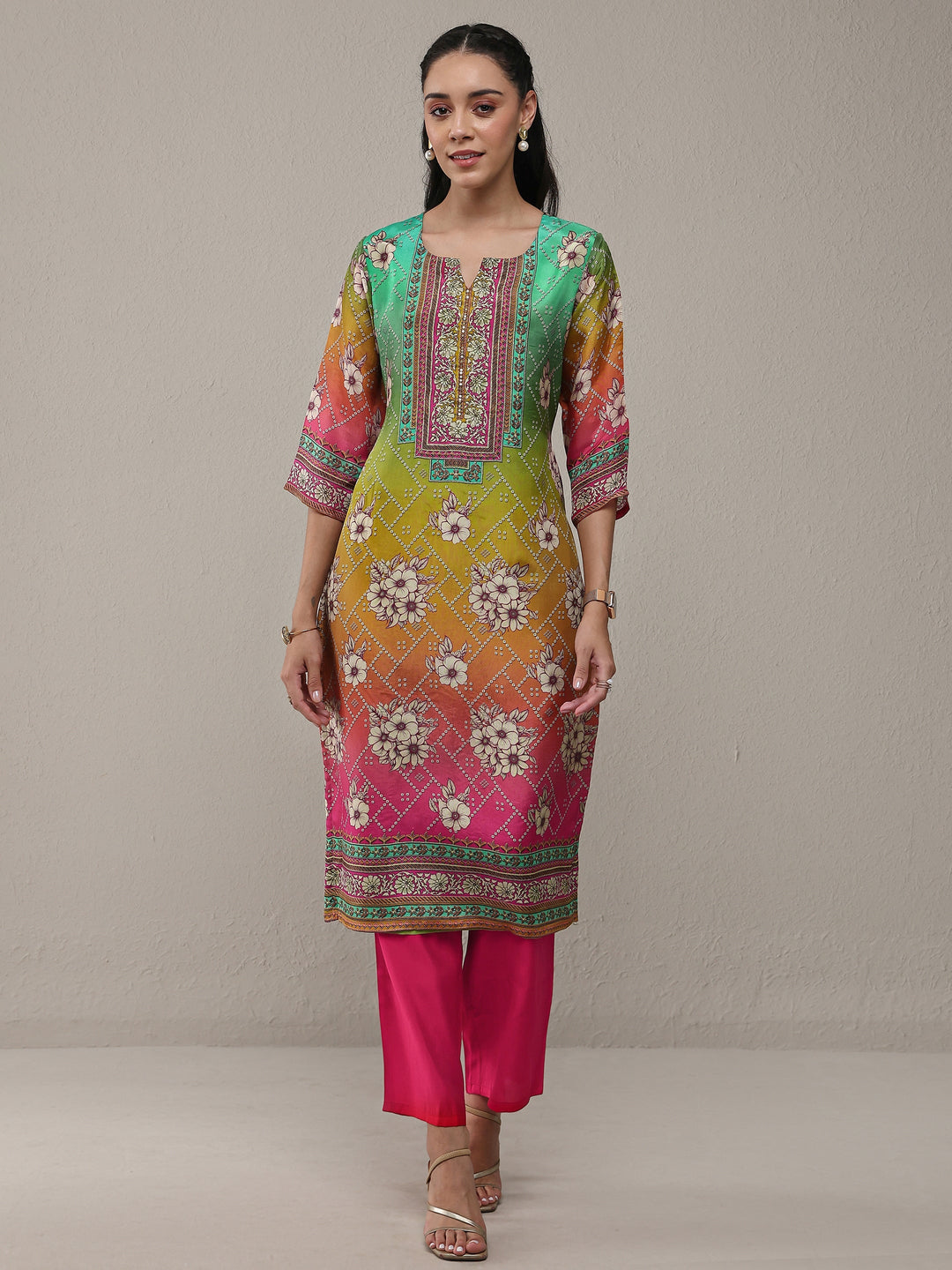  Multi Floral Printed Organza Straight Kurta 