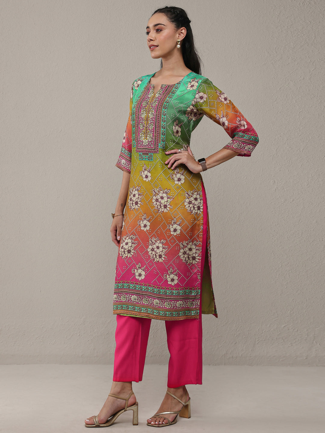  Multi Floral Printed Organza Straight Kurta 