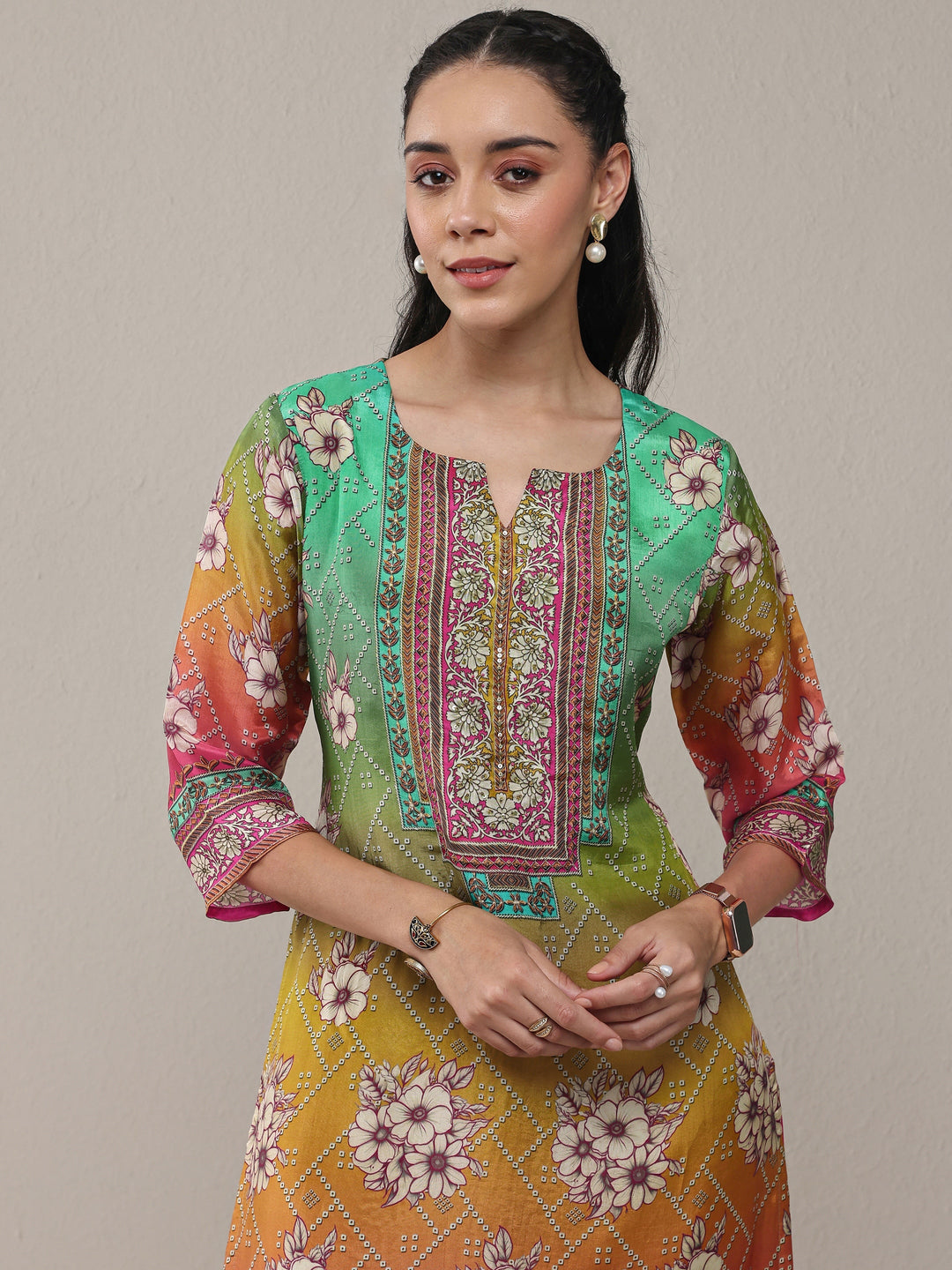  Multi Floral Printed Organza Straight Kurta 