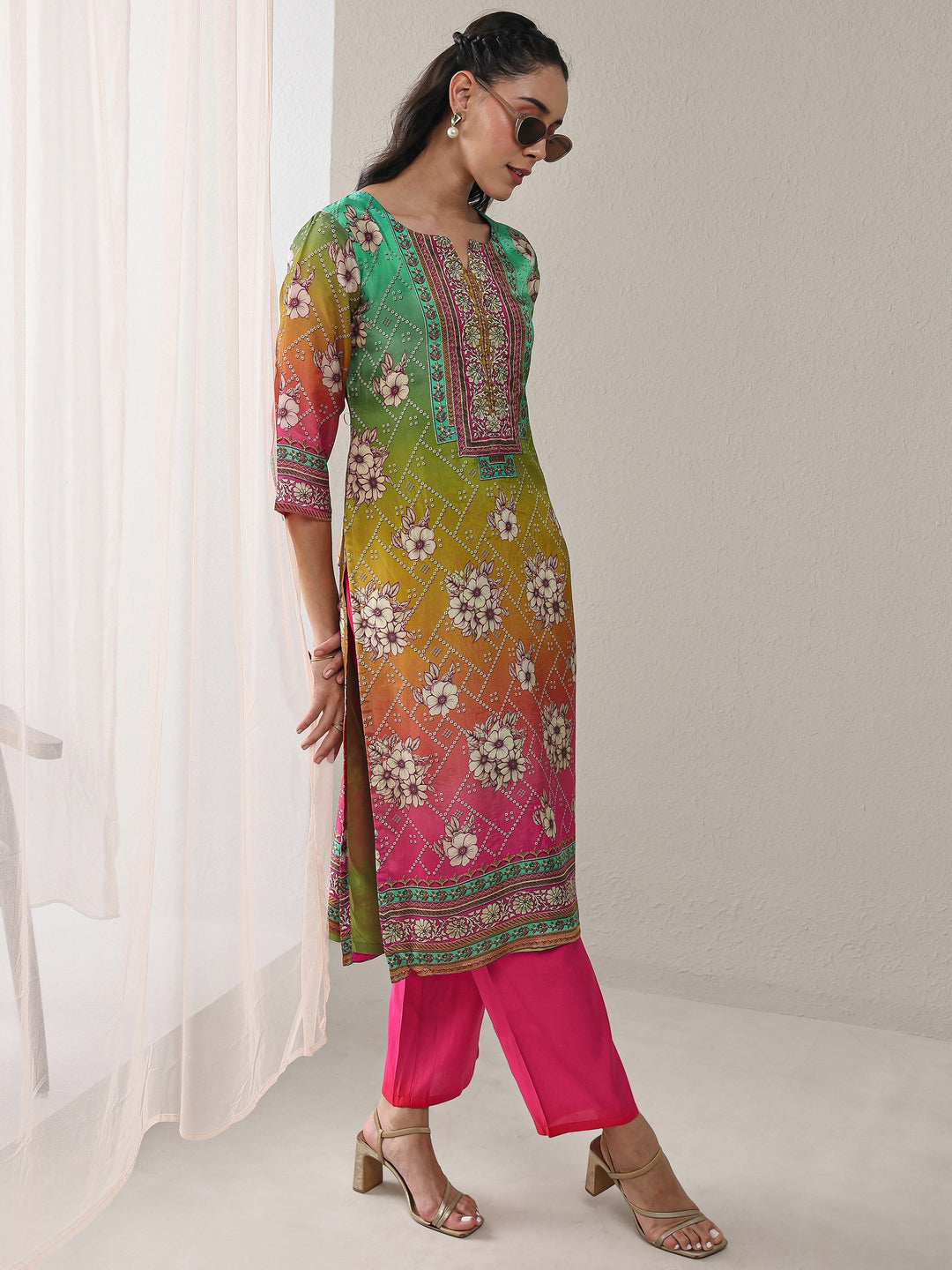  Multi Floral Printed Organza Straight Kurta 
