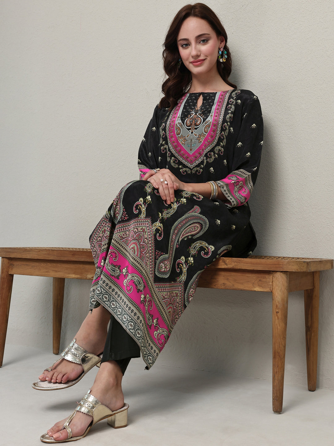  Black Paisley Printed Crepe Straight Kurta 