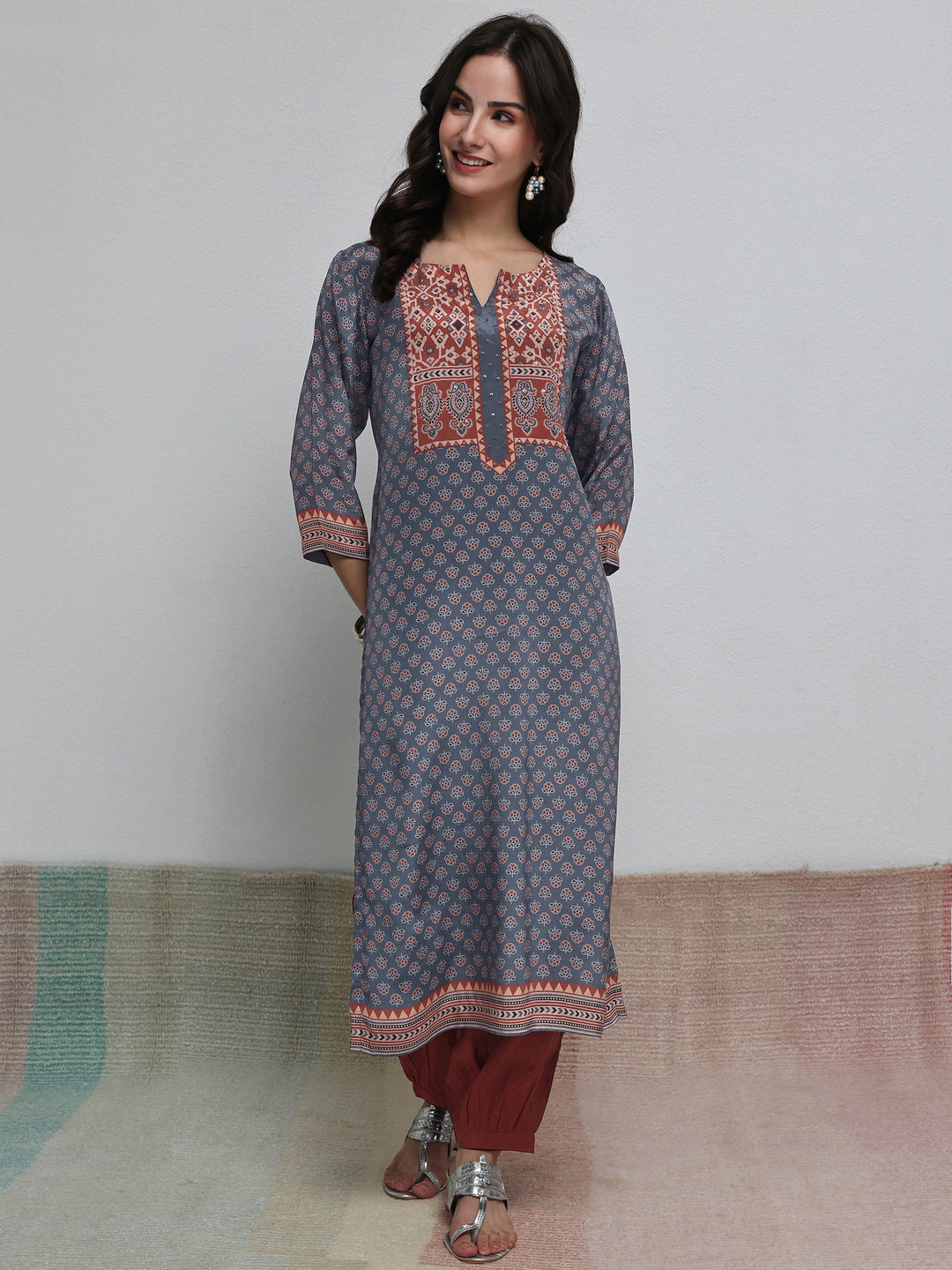  Blue Floral Printed Crepe Straight Kurta 