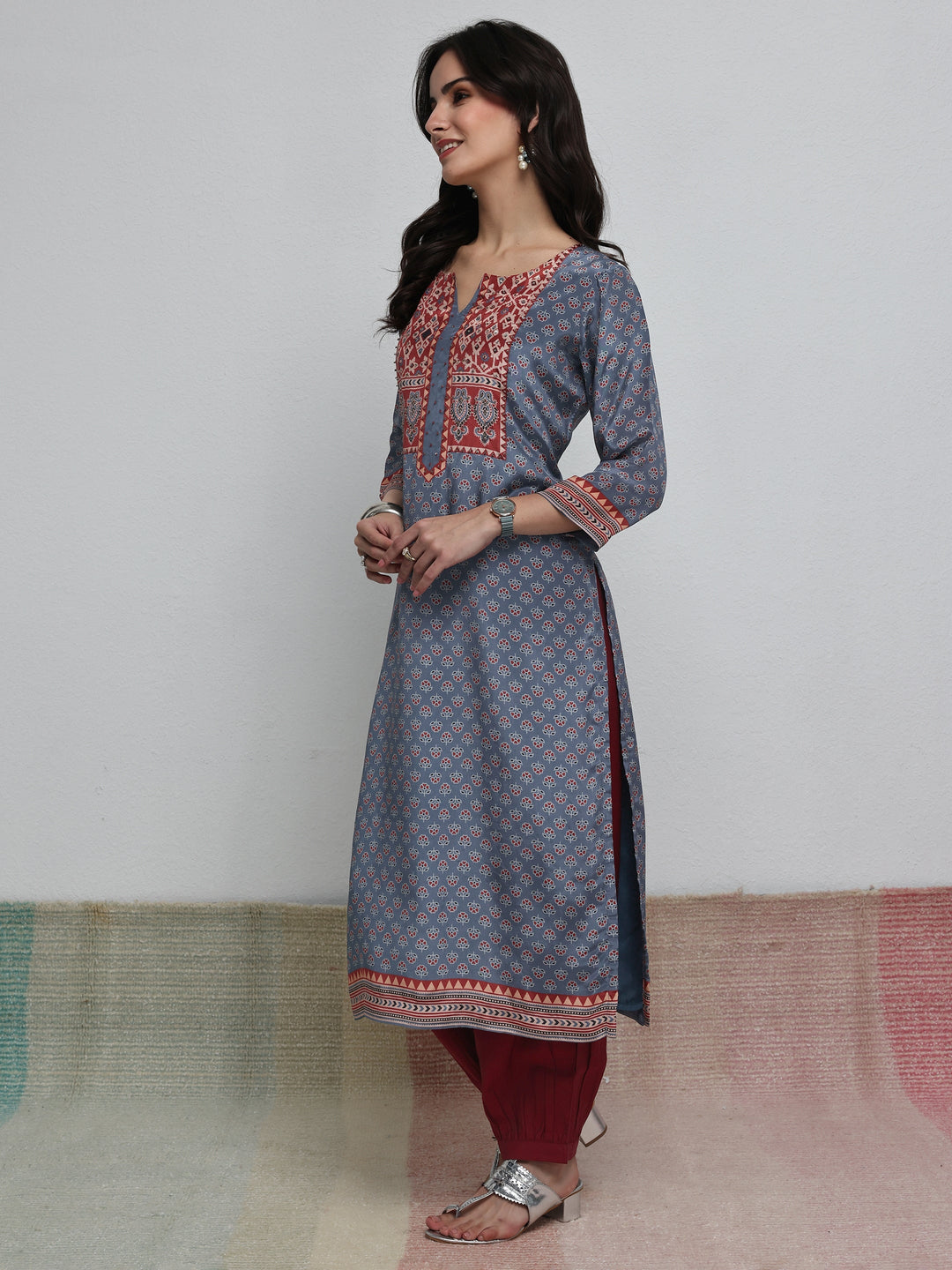  Blue Floral Printed Crepe Straight Kurta 