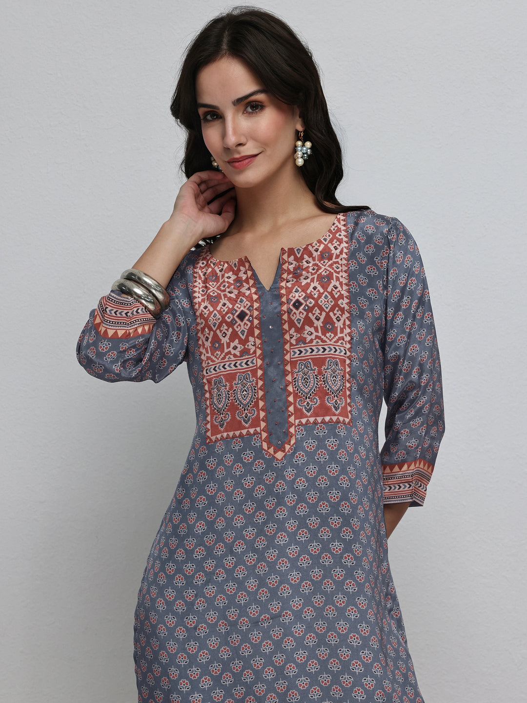  Blue Floral Printed Crepe Straight Kurta 