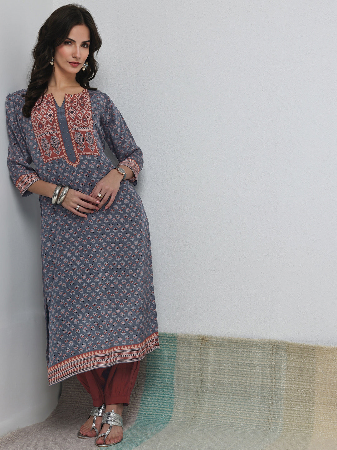  Blue Floral Printed Crepe Straight Kurta 
