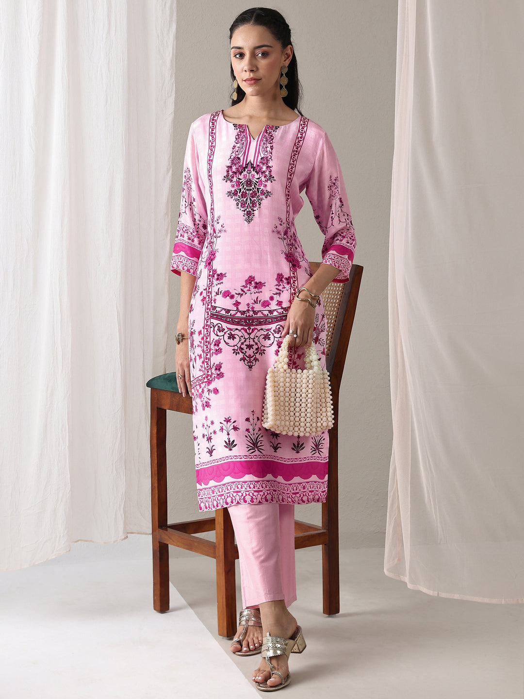  Pink Floral Printed Crepe Straight Kurta 