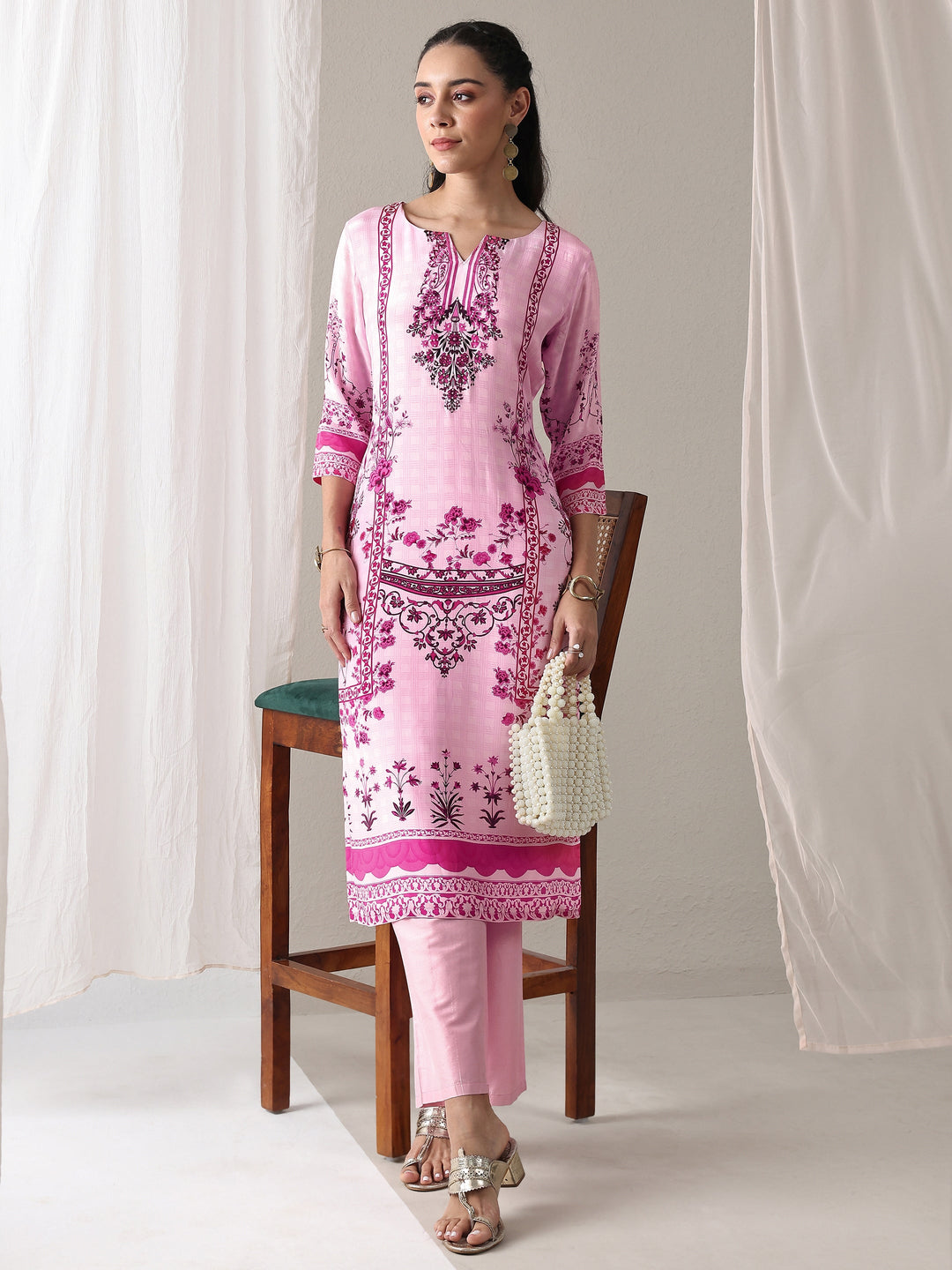  Pink Floral Printed Crepe Straight Kurta 