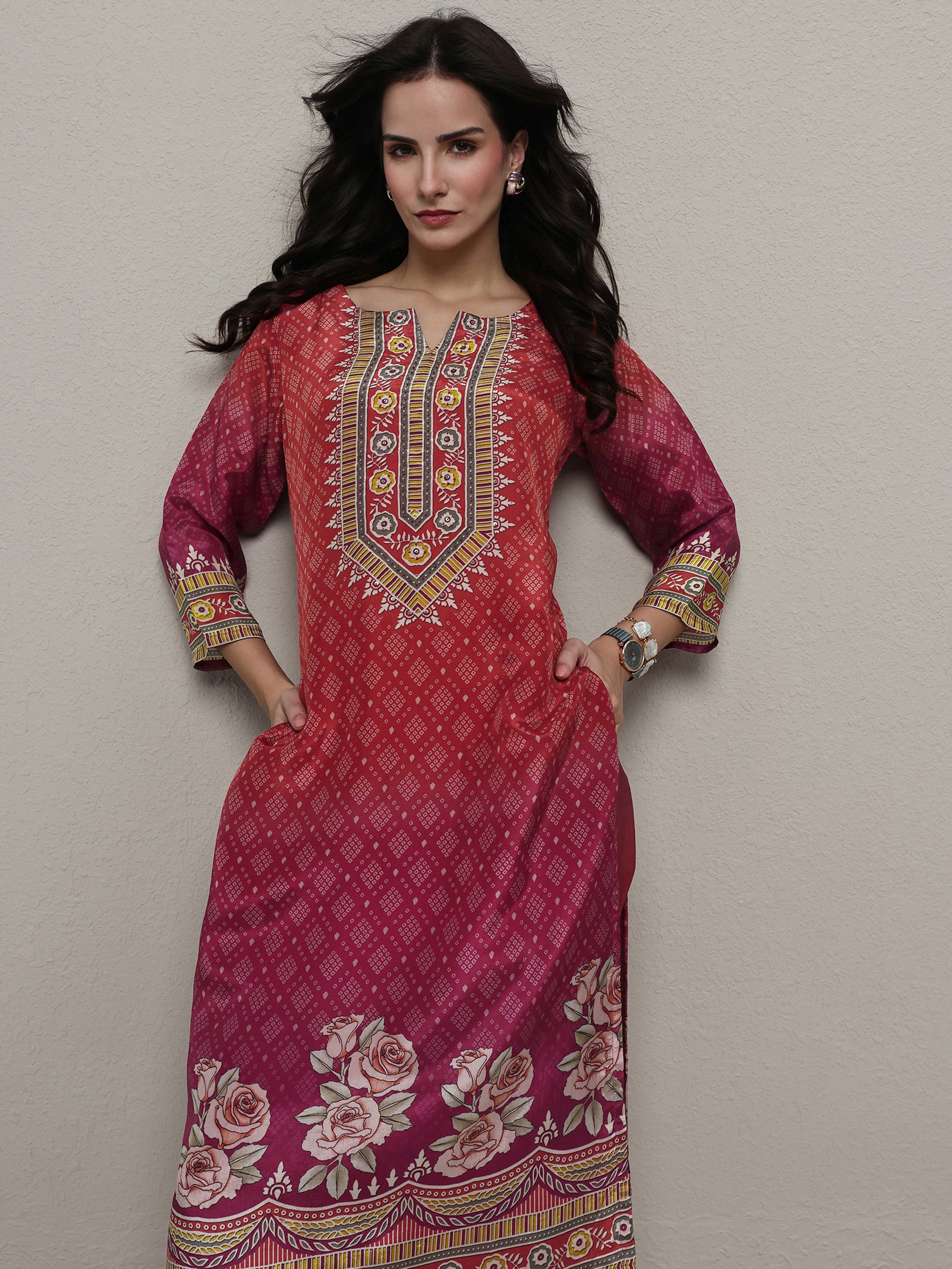 Rust Bandhani Printed Organza Straight Kurta-image-6