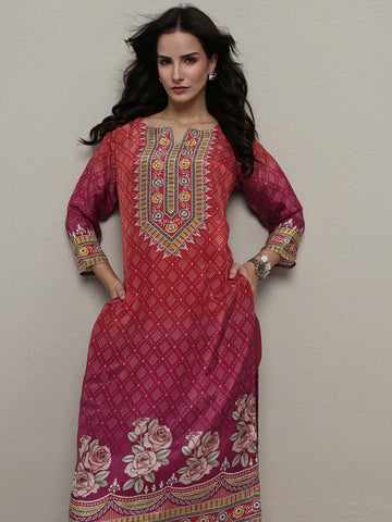 Rust Bandhani Printed Organza Straight Kurta