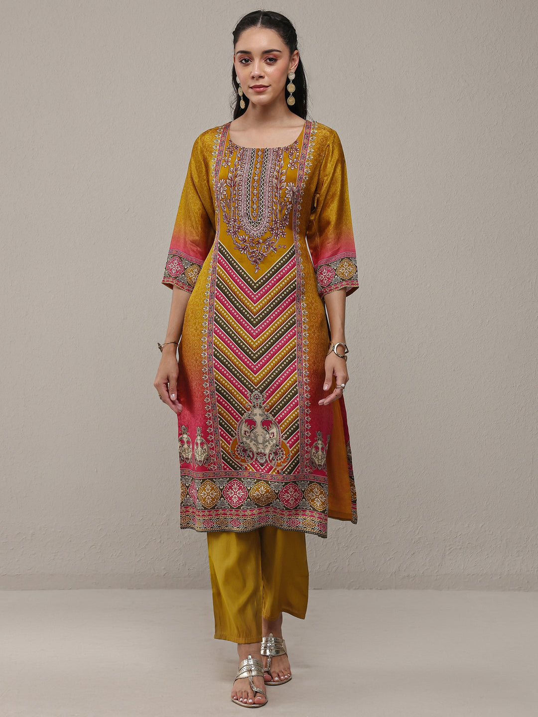  Mustard Ethnic Printed Organza Straight Kurta 