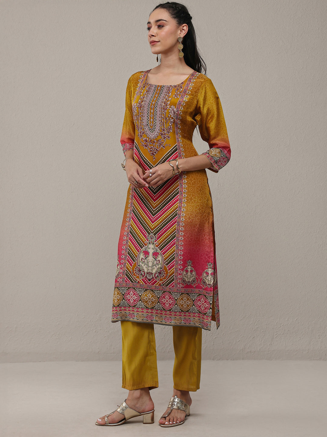  Mustard Ethnic Printed Organza Straight Kurta 