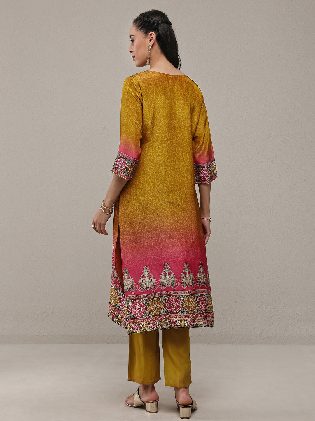  Mustard Ethnic Printed Organza Straight Kurta 