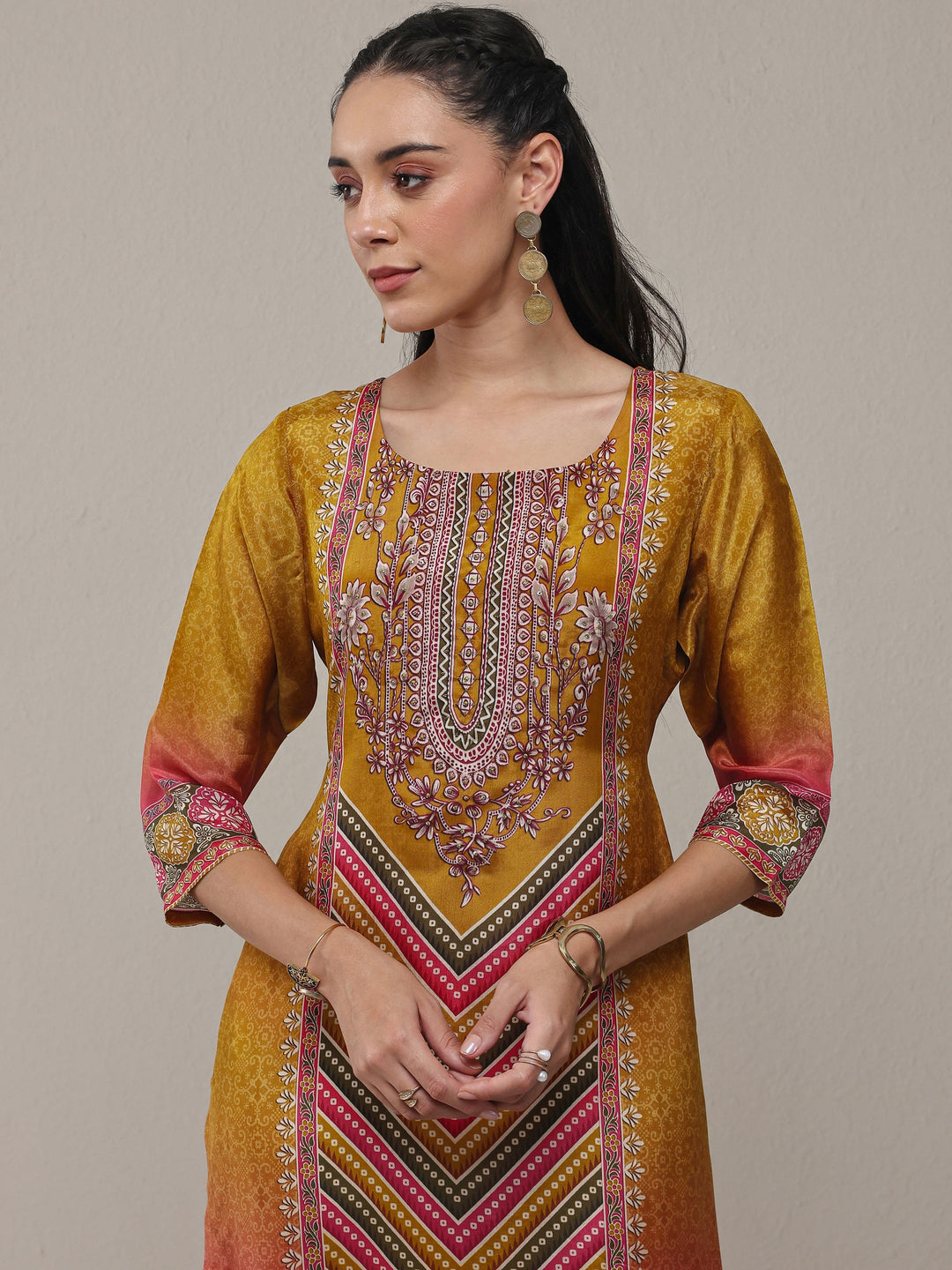  Mustard Ethnic Printed Organza Straight Kurta 