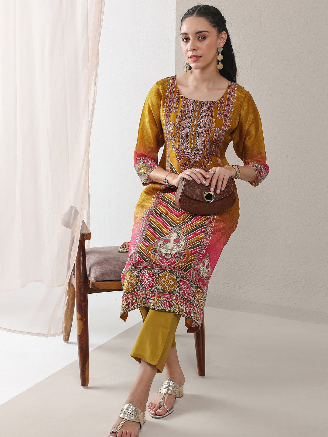  Mustard Ethnic Printed Organza Straight Kurta 