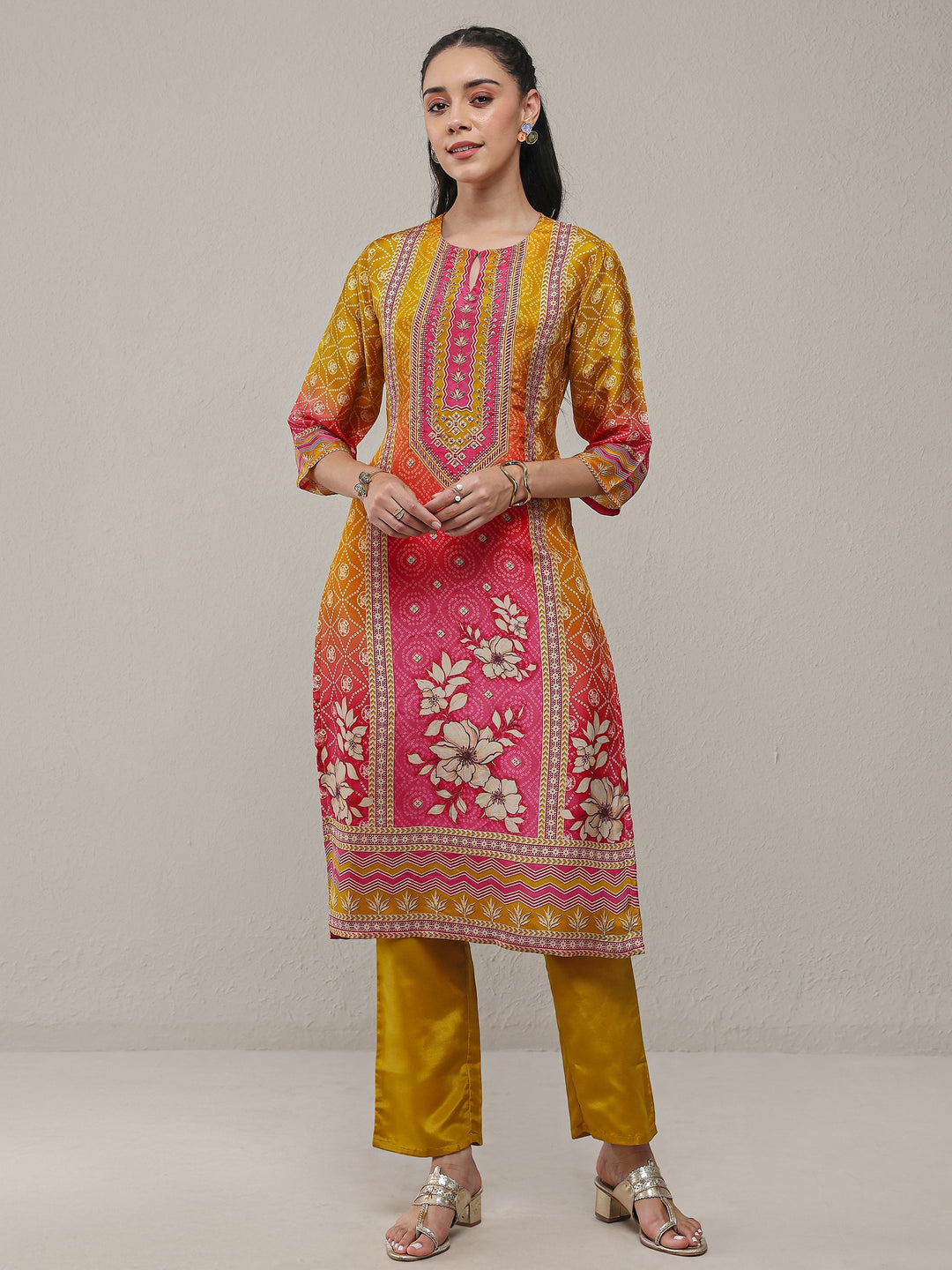  Mustard Bandhani Printed Organza Straight Kurta 