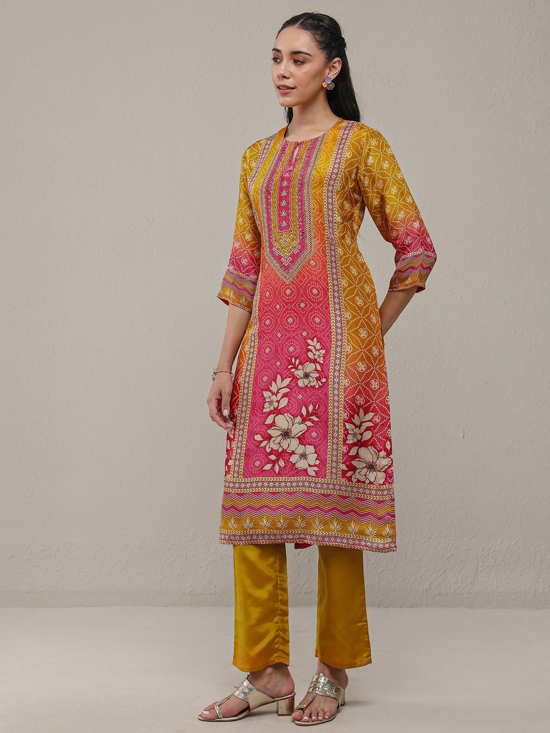  Mustard Bandhani Printed Organza Straight Kurta 
