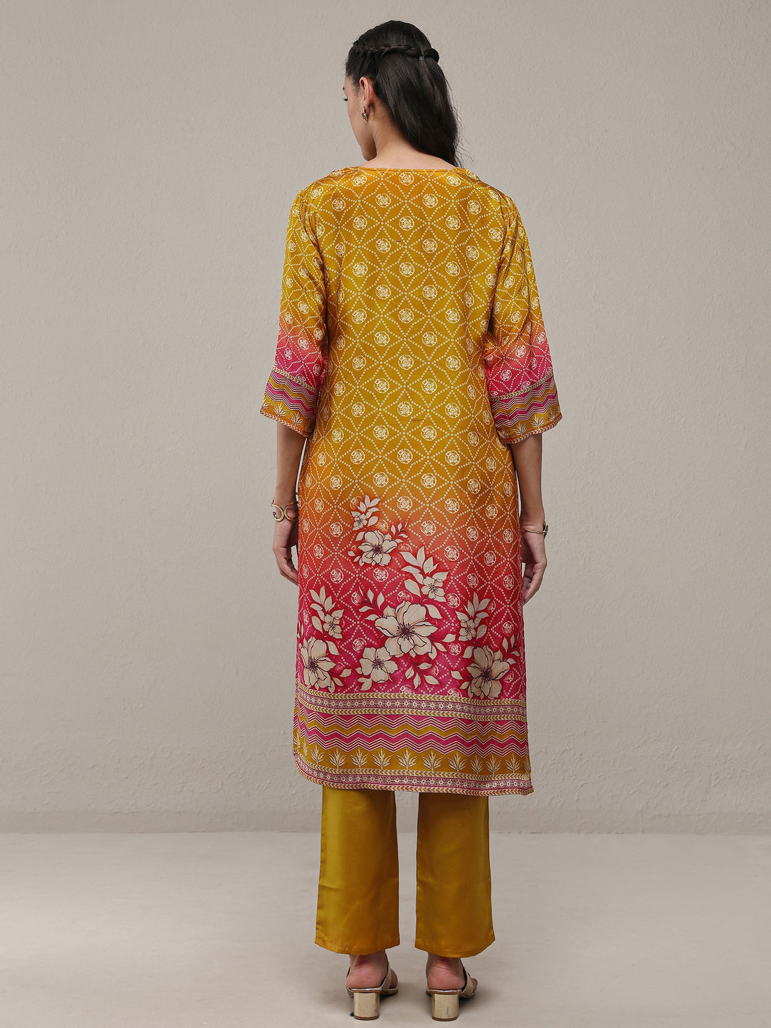 Mustard Bandhani Printed Organza Straight Kurta 