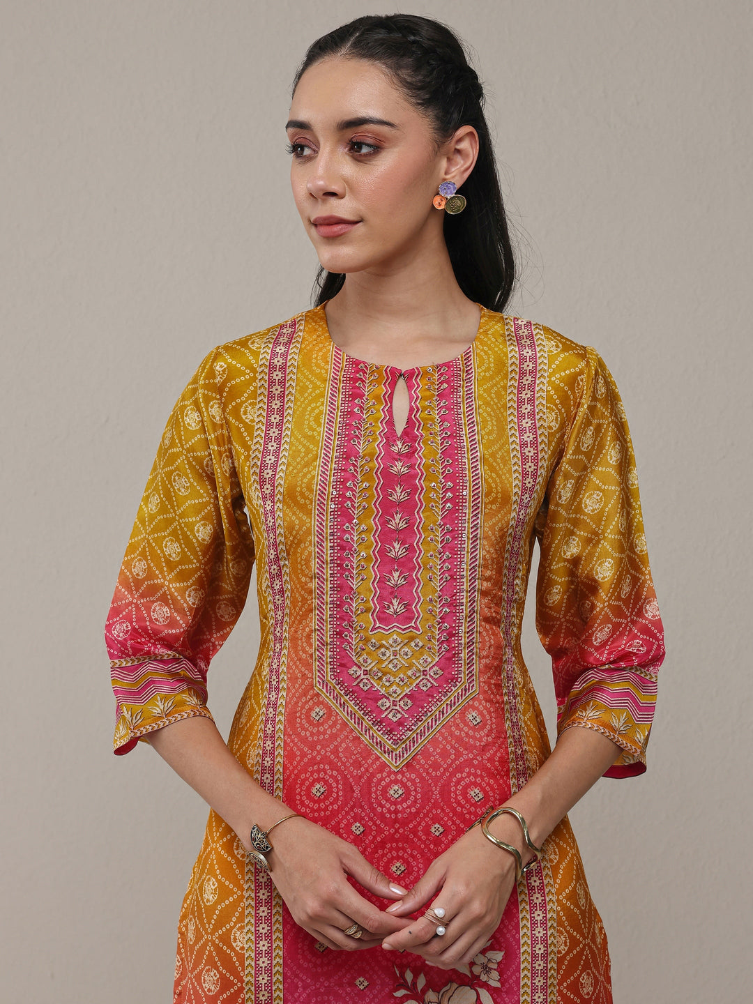 Mustard Bandhani Printed Organza Straight Kurta 