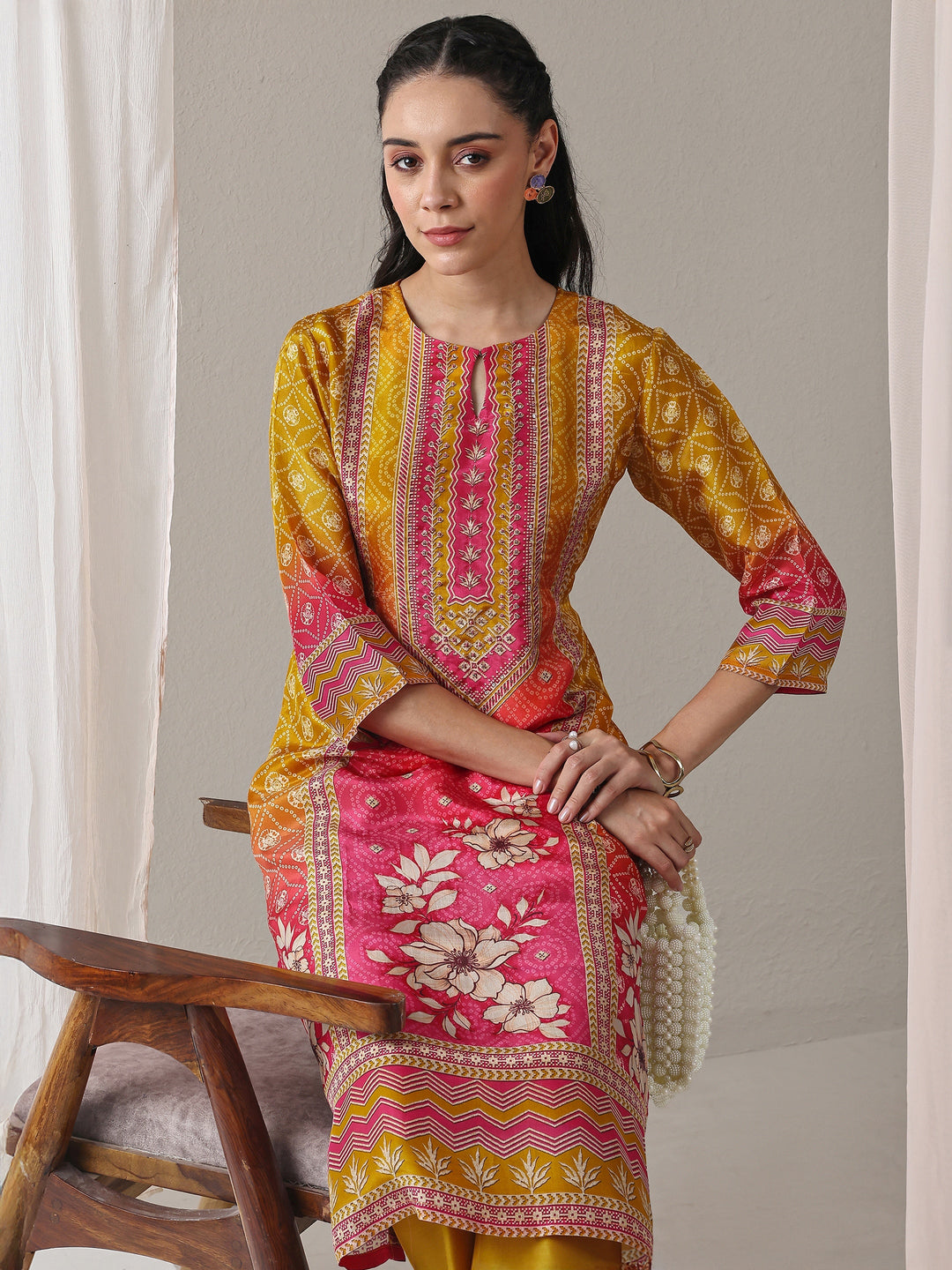  Mustard Bandhani Printed Organza Straight Kurta 