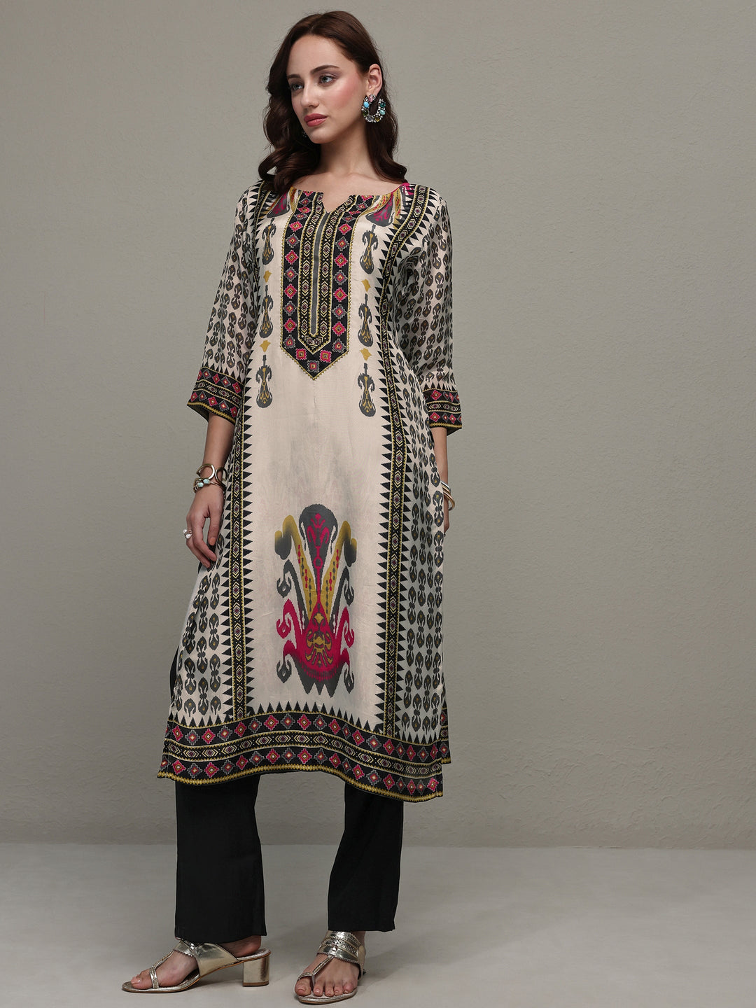  Multi Ethnic Printed Organza Straight Kurta 