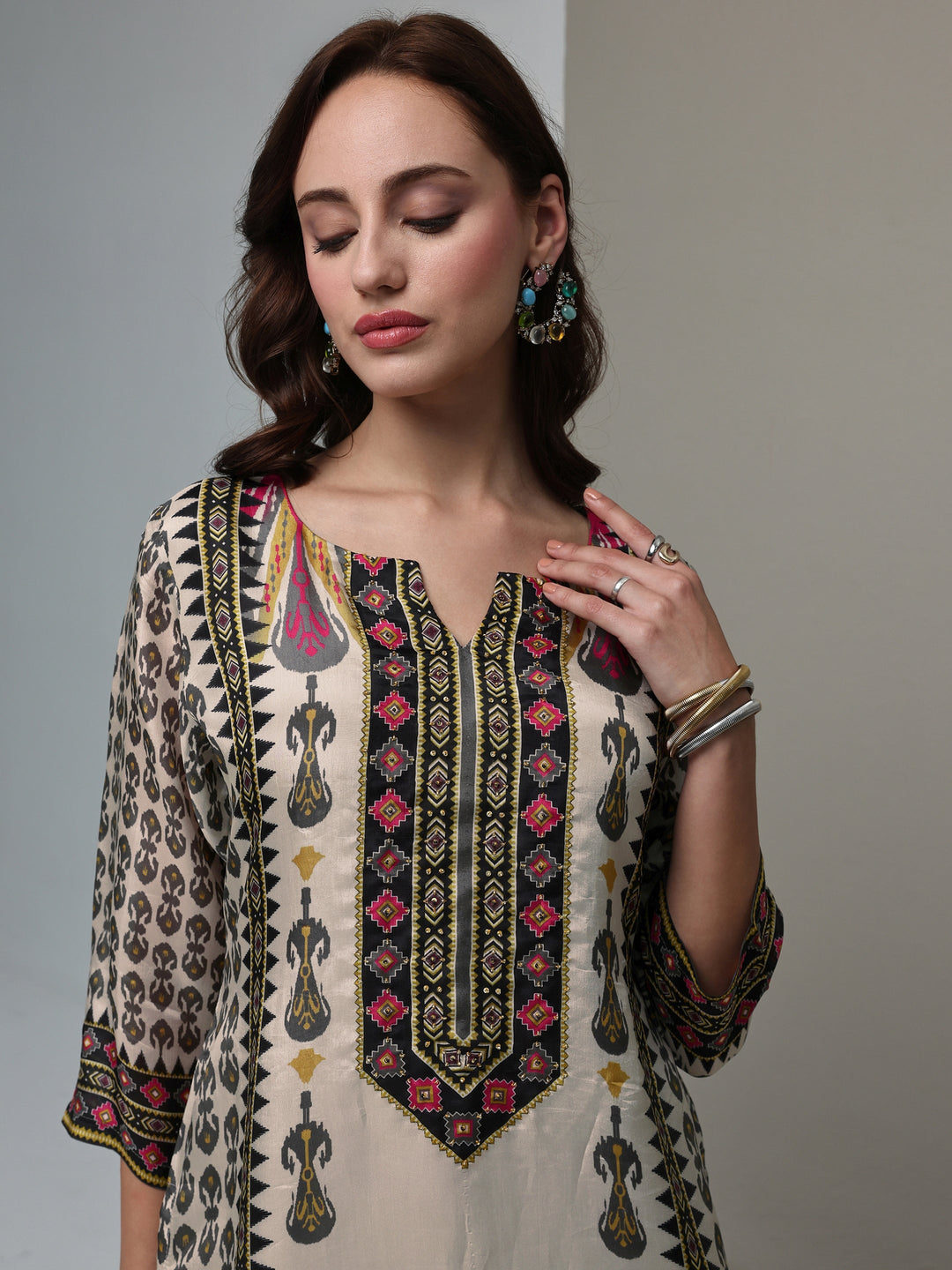  Multi Ethnic Printed Organza Straight Kurta 