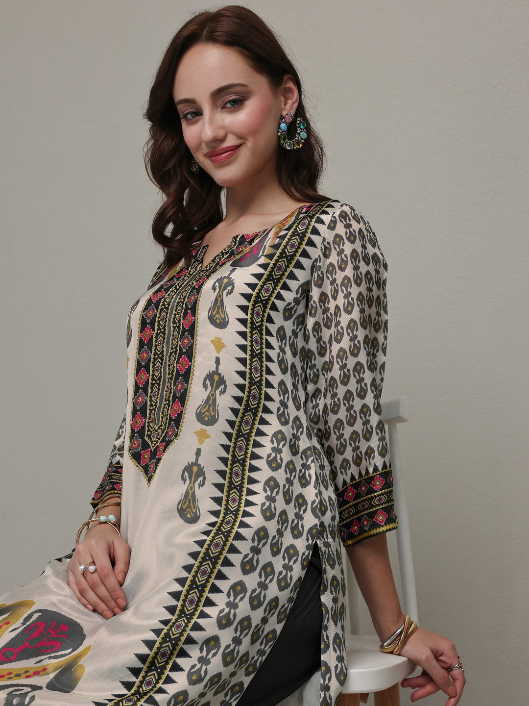  Multi Ethnic Printed Organza Straight Kurta 