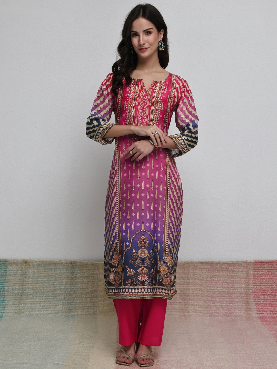  Multi Ethnic Printed Organza Straight Kurta 