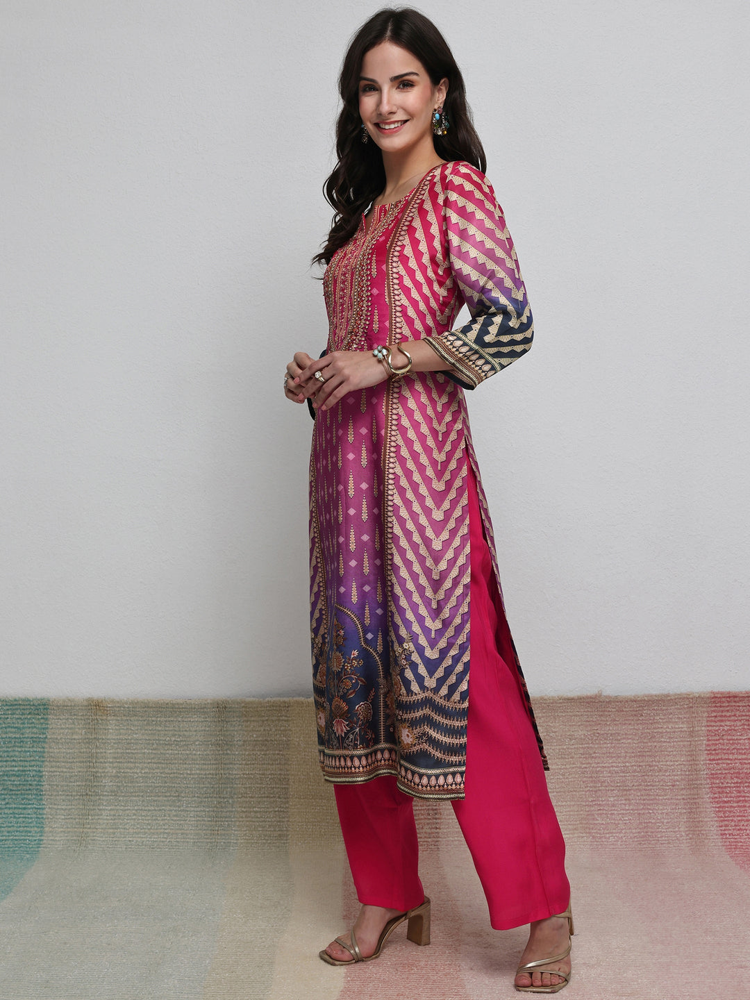  Multi Ethnic Printed Organza Straight Kurta 