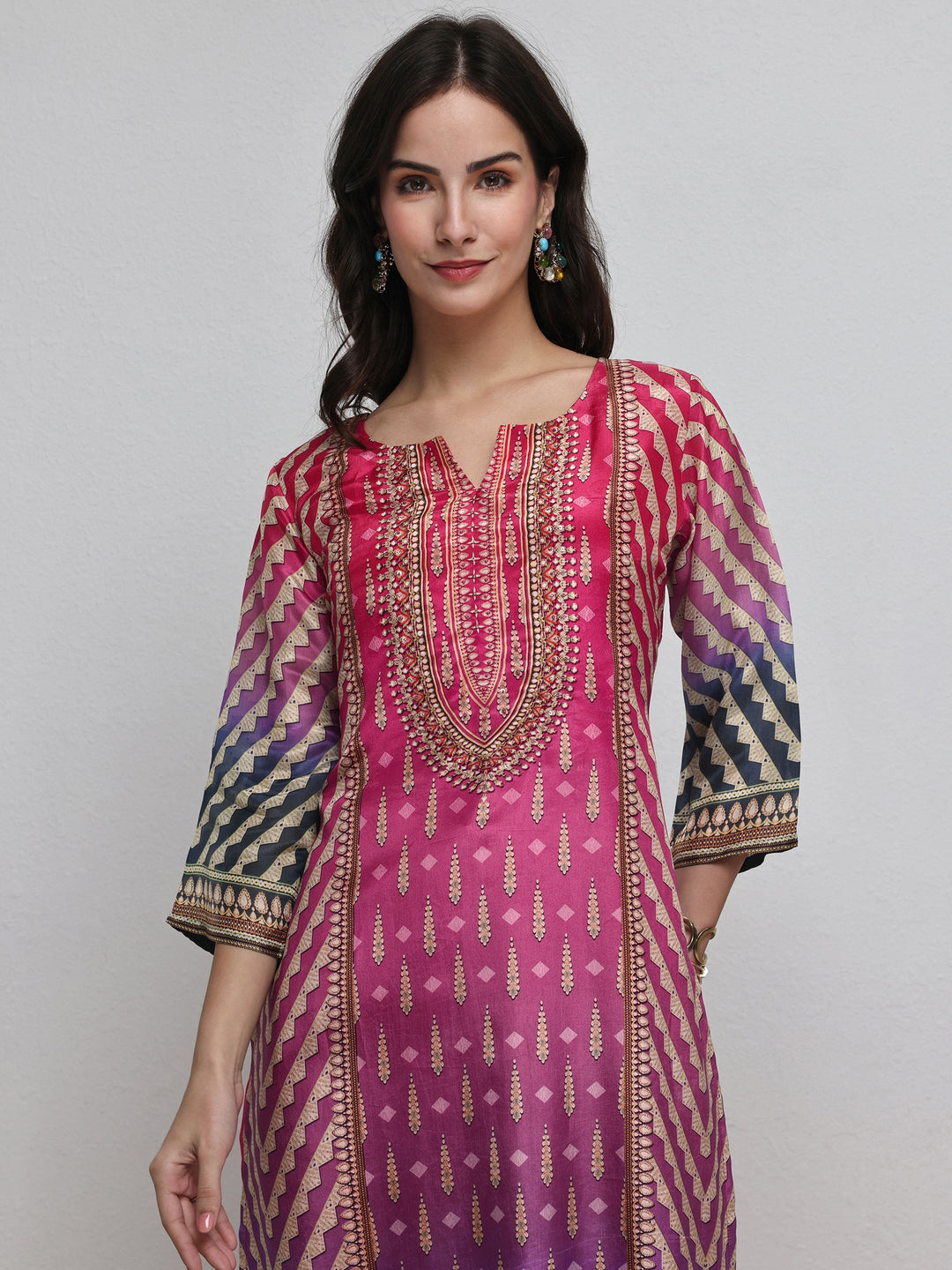  Multi Ethnic Printed Organza Straight Kurta 