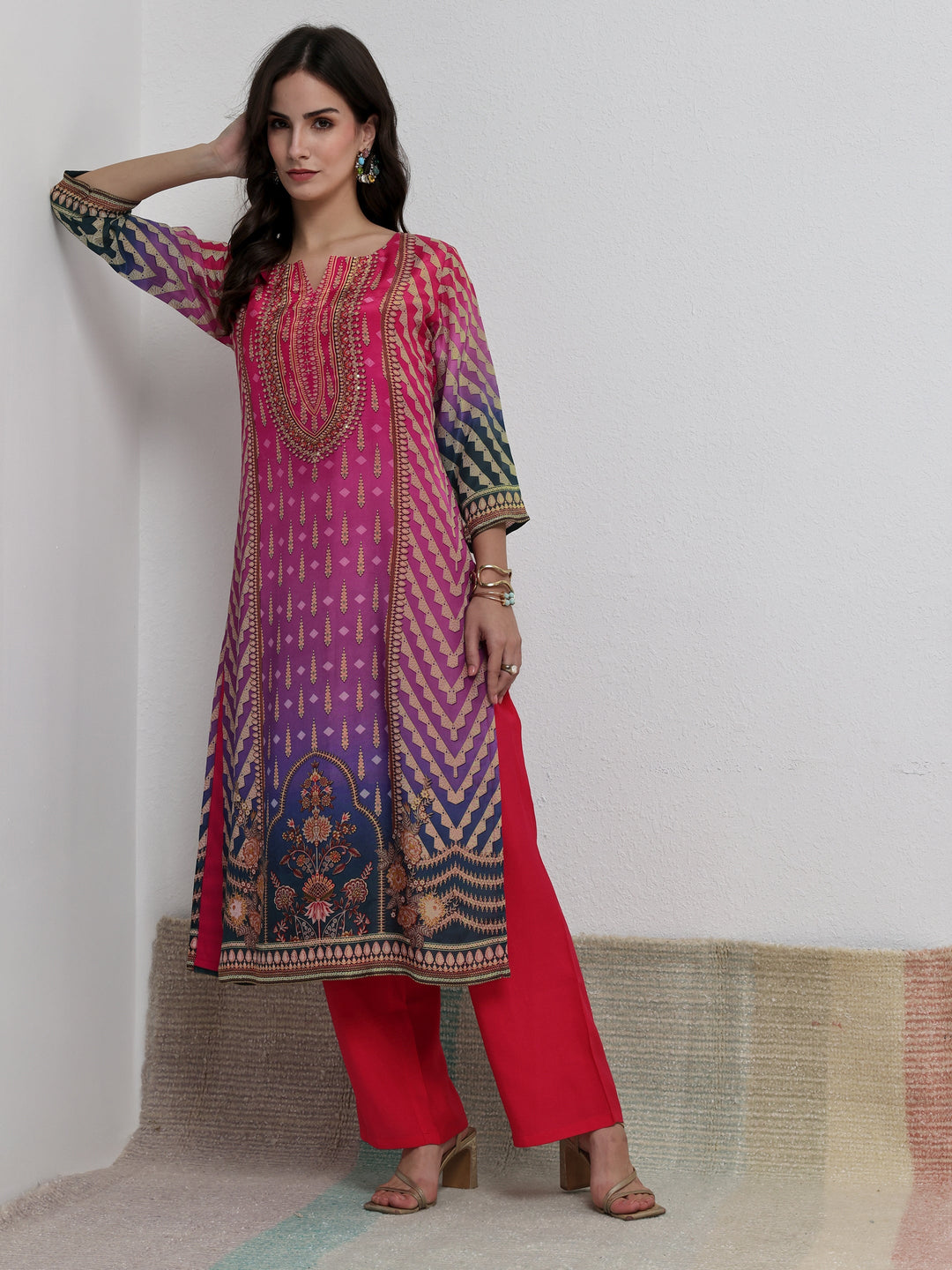  Multi Ethnic Printed Organza Straight Kurta 