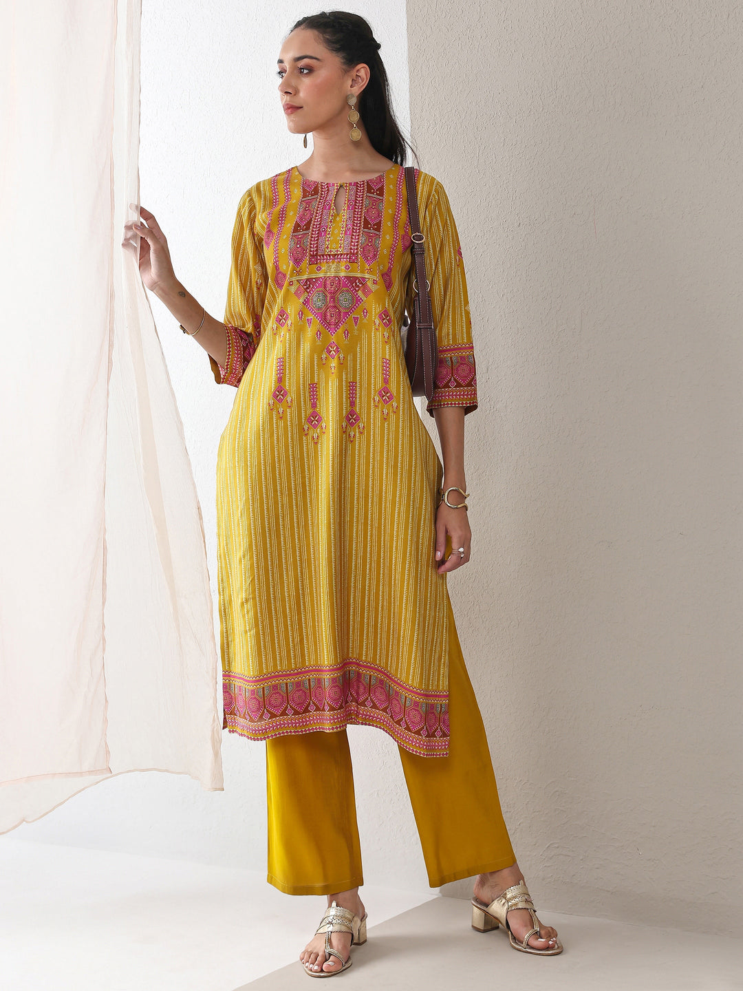  Mustard Ethnic Printed Silk Blend Straight Kurta 