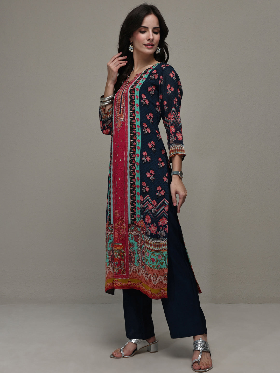  Navy Blue Floral Printed Chinon Straight Kurta 