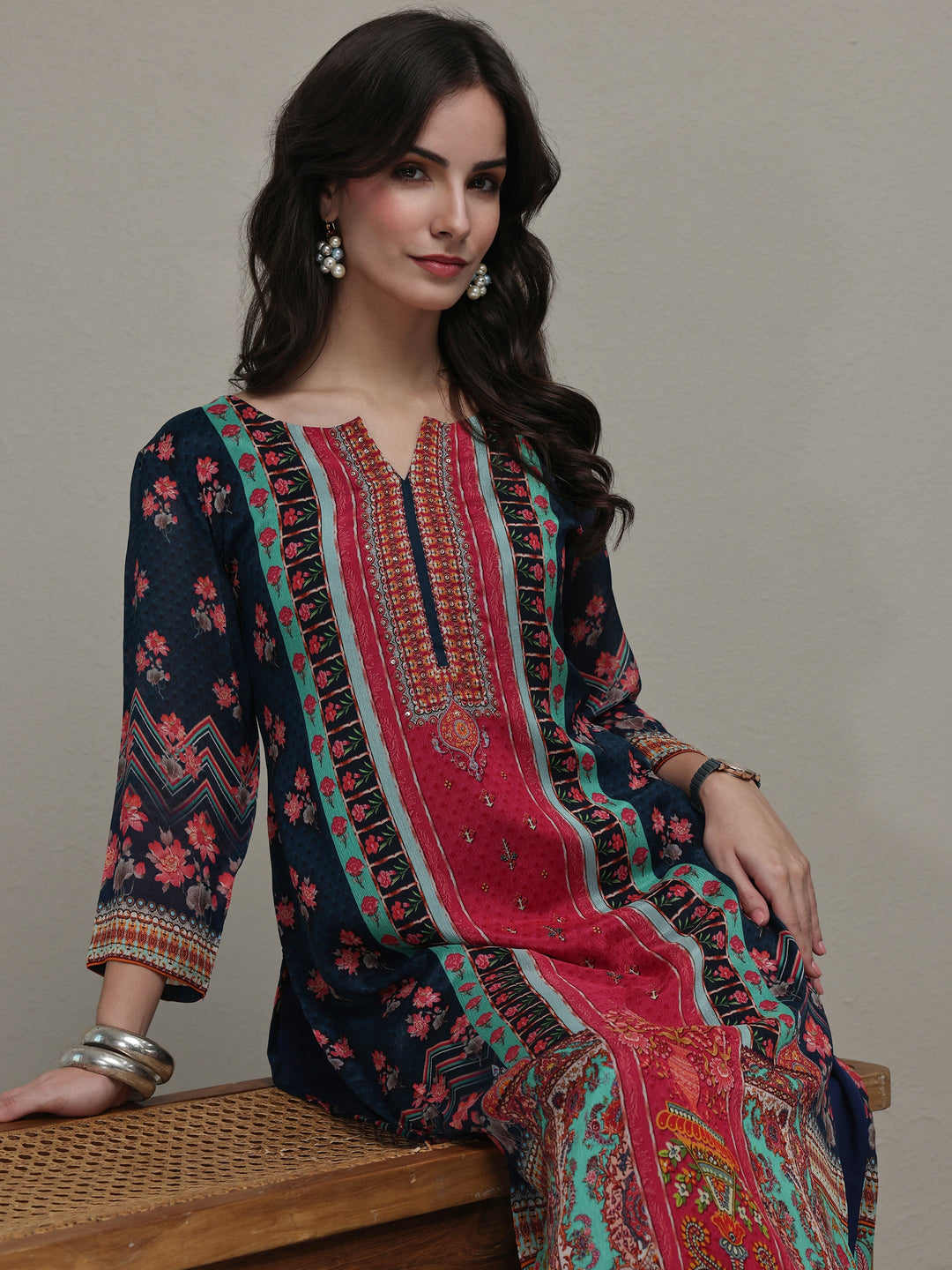  Navy Blue Floral Printed Chinon Straight Kurta 