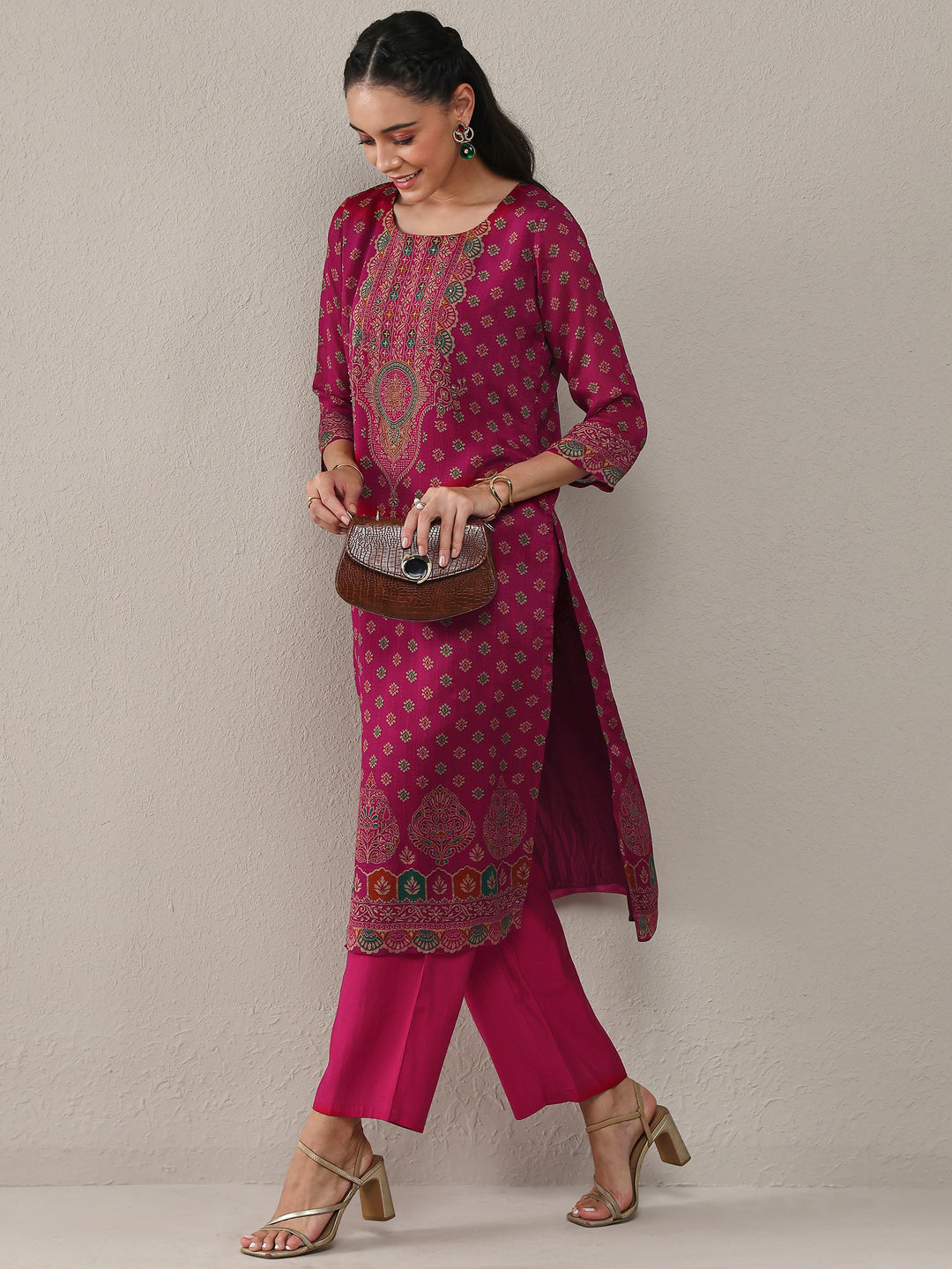  Pink Ethnic Printed Chinon Straight Kurta 
