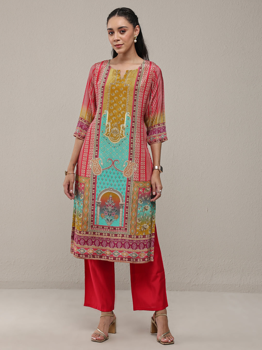  Multi Ethnic Printed Crepe Straight Kurta 