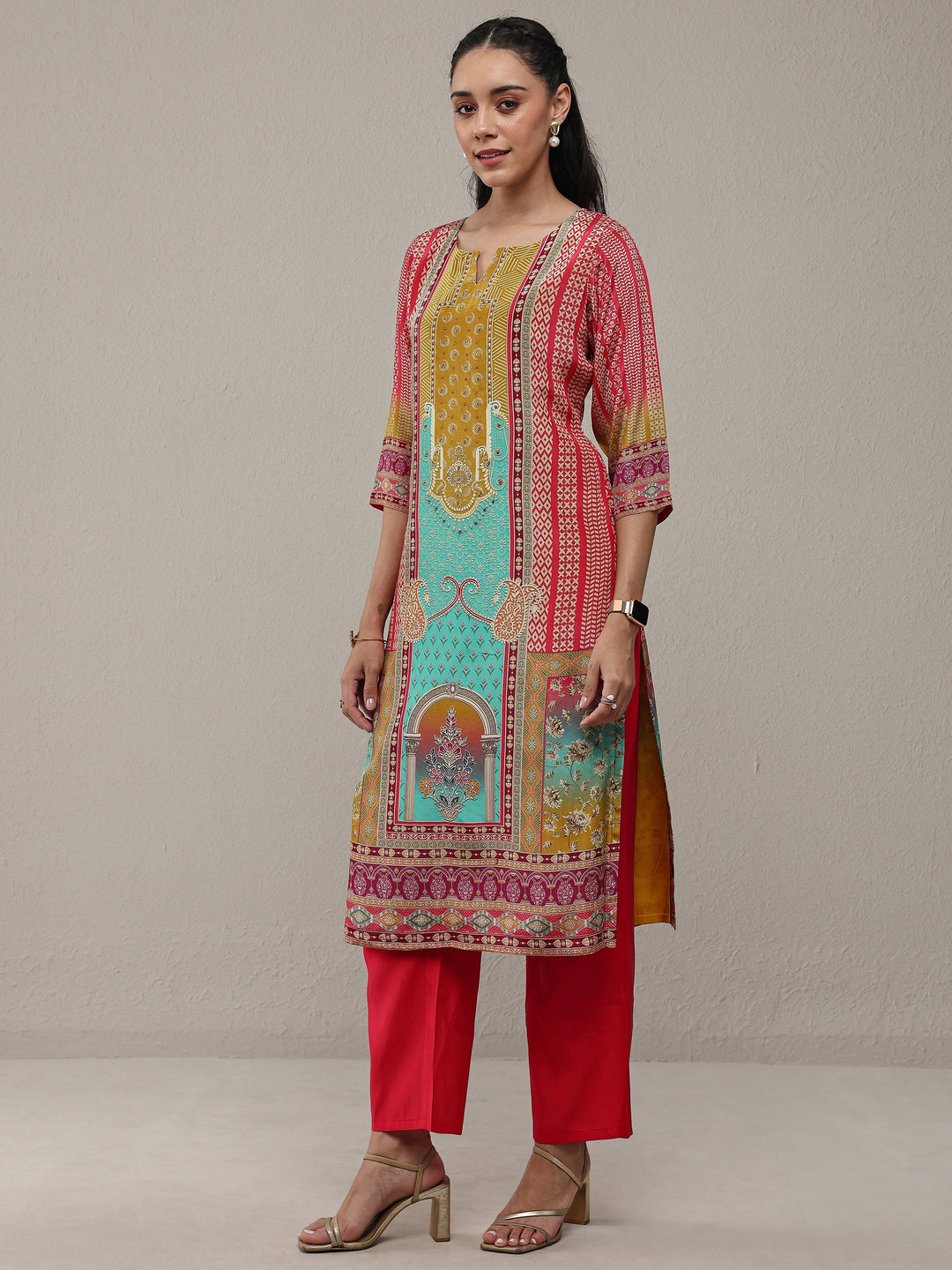  Multi Ethnic Printed Crepe Straight Kurta 