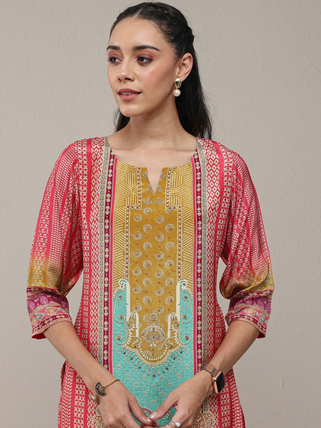  Multi Ethnic Printed Crepe Straight Kurta 