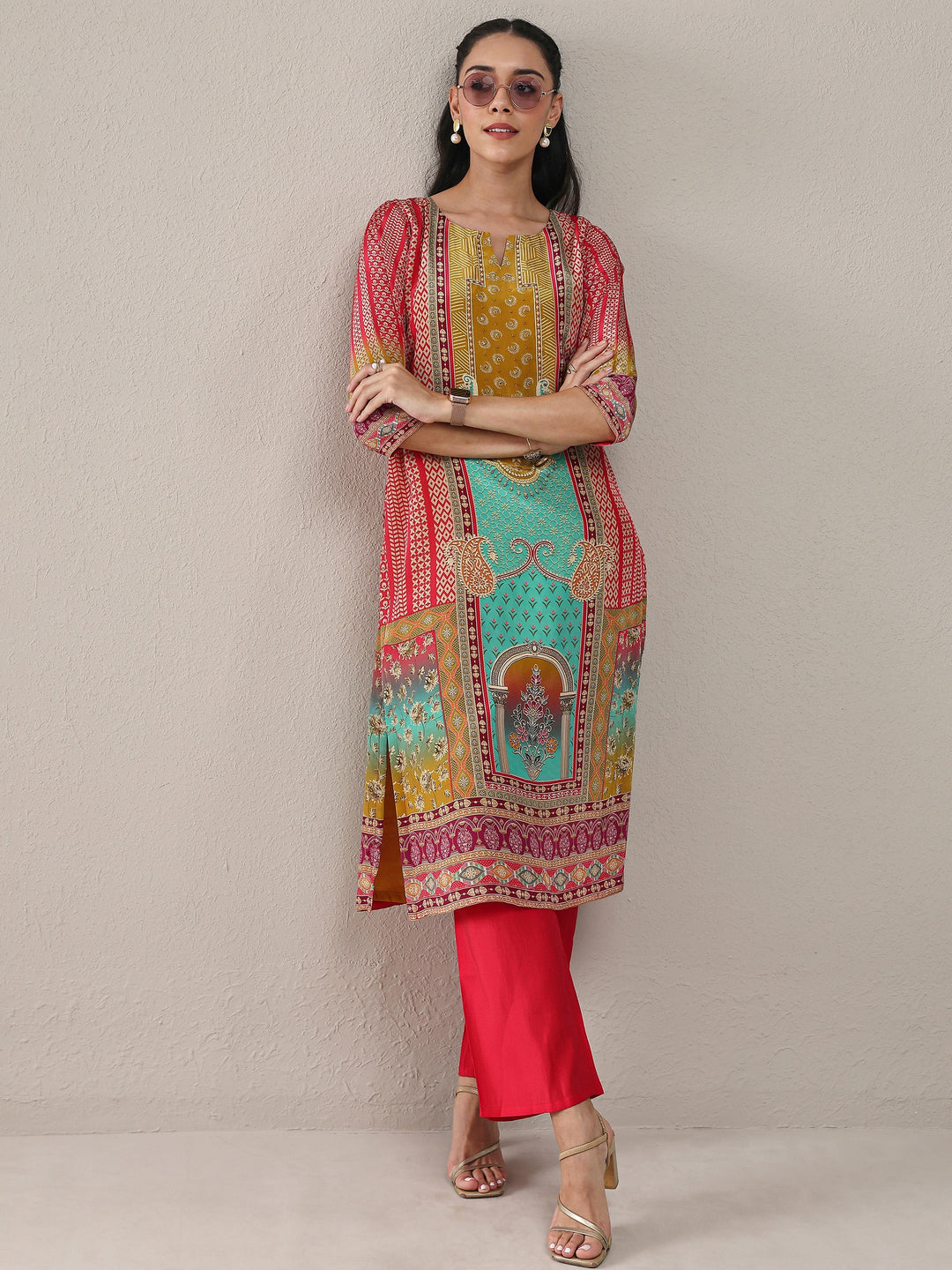  Multi Ethnic Printed Crepe Straight Kurta 