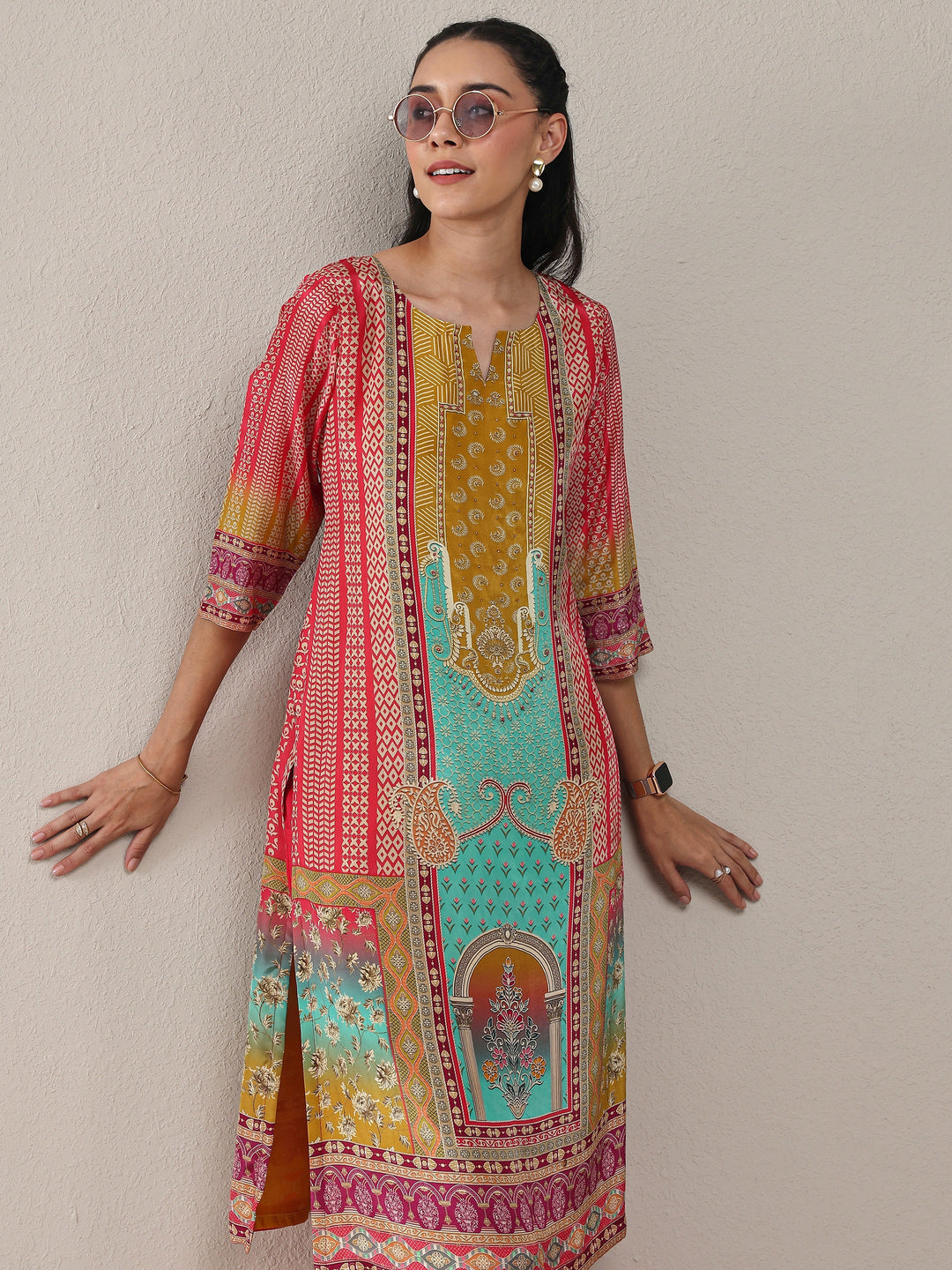  Multi Ethnic Printed Crepe Straight Kurta 