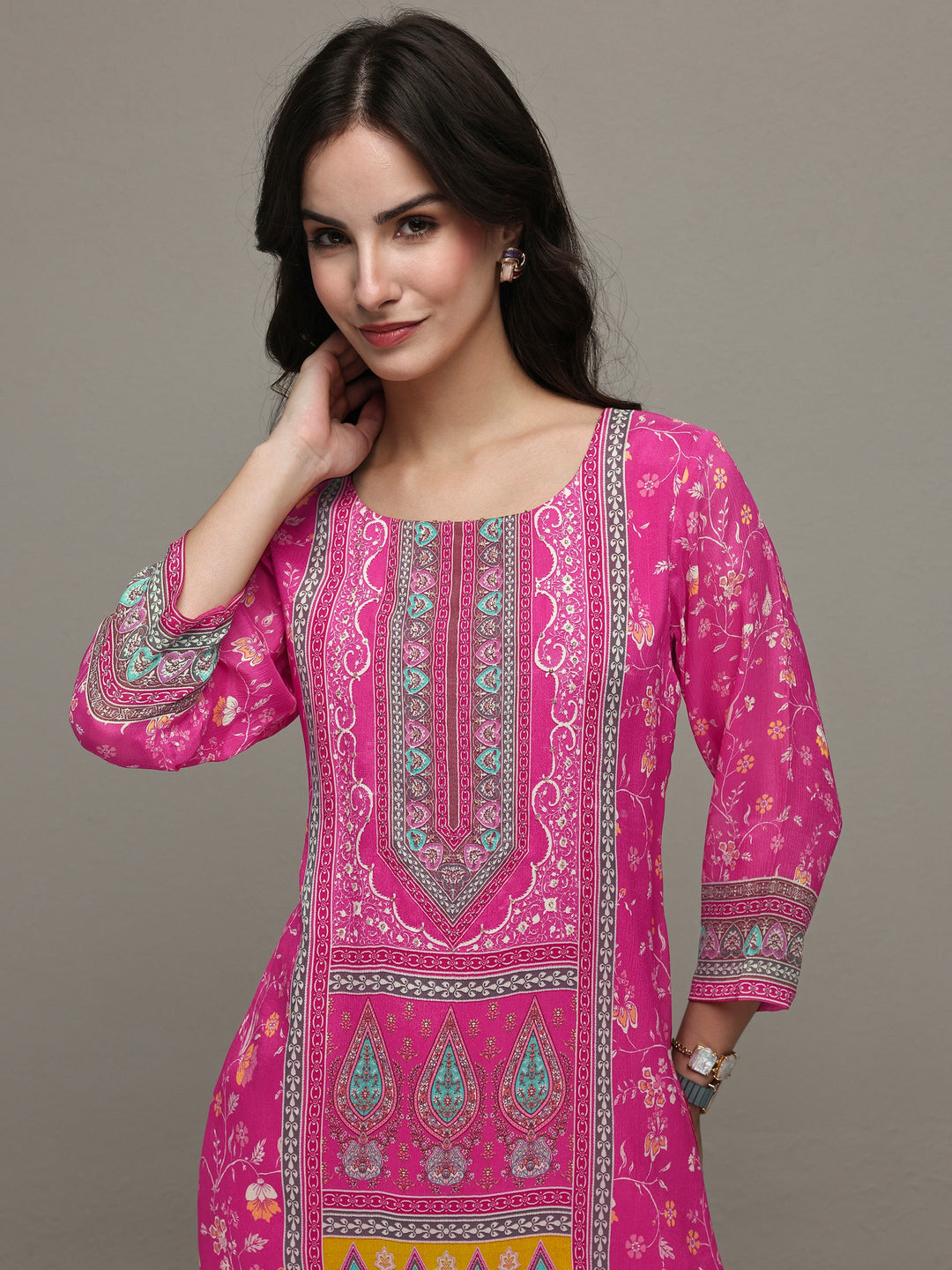  Pink Ethnic Printed Chinon Straight Kurta 