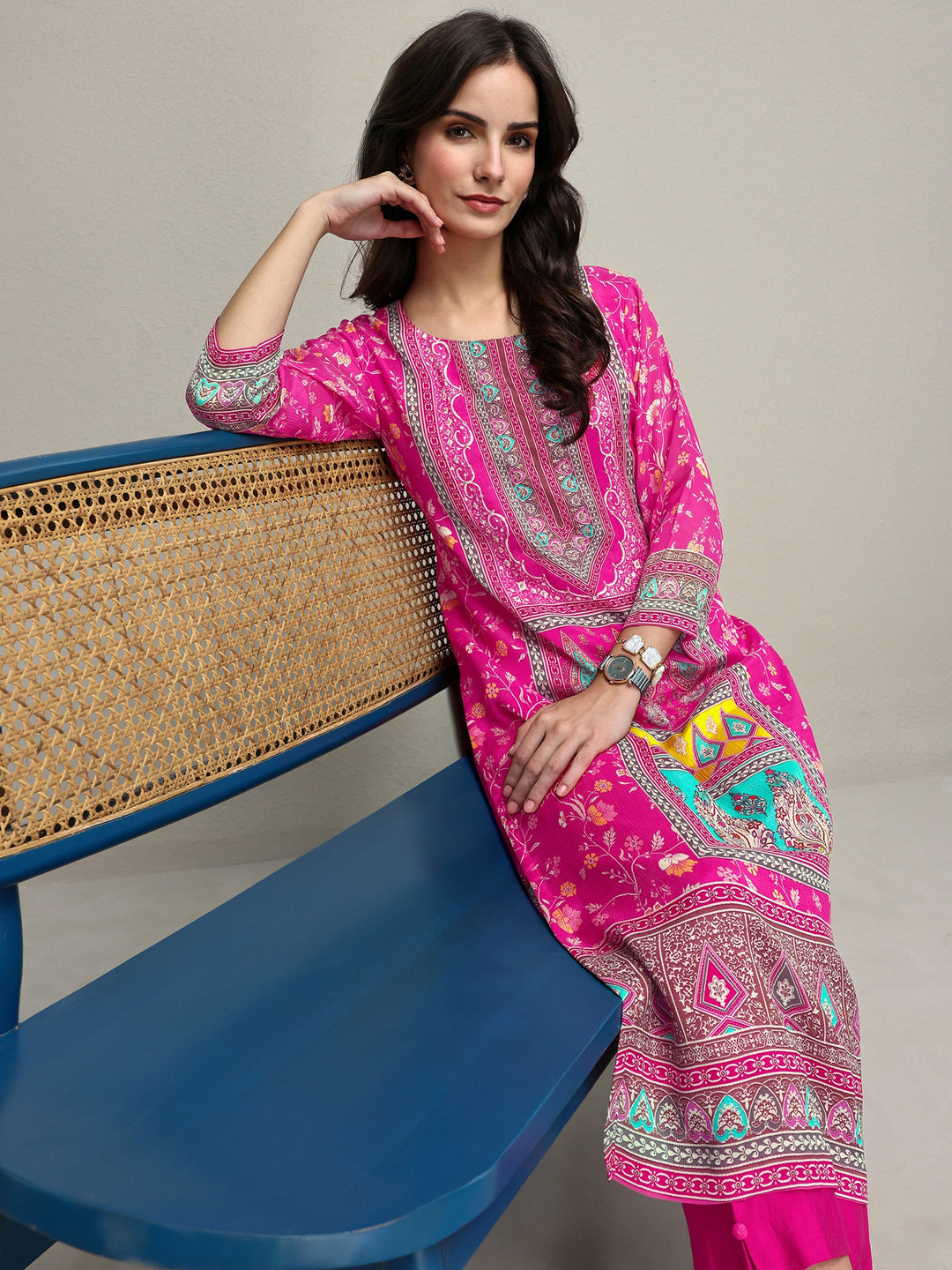 Pink Ethnic Printed Chinon Straight Kurta 
